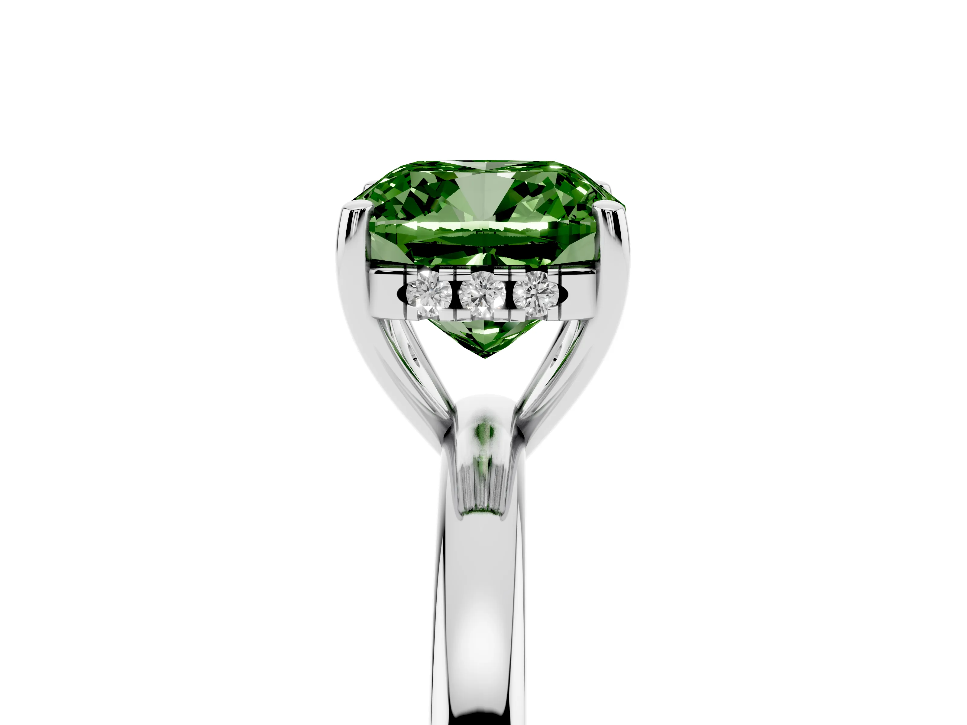 Fancy Green Cushion Cut Diamond Solitaire Ring Set in Platinum with Plain Band and Prong Setting