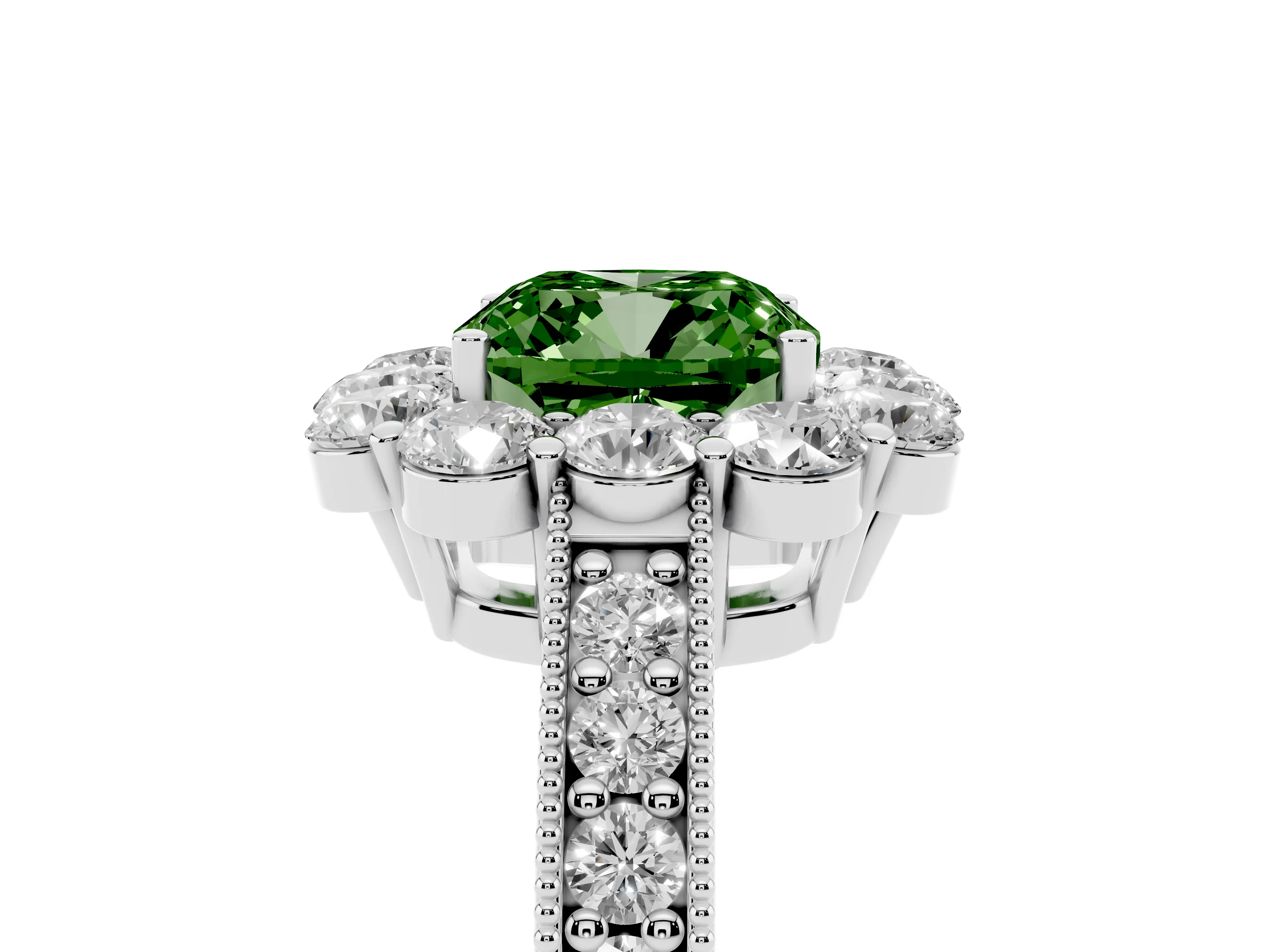 Fancy Green Cushion Cut Diamond Halo Pavé Engagement Ring Set in Silver with Milgrain Detailing