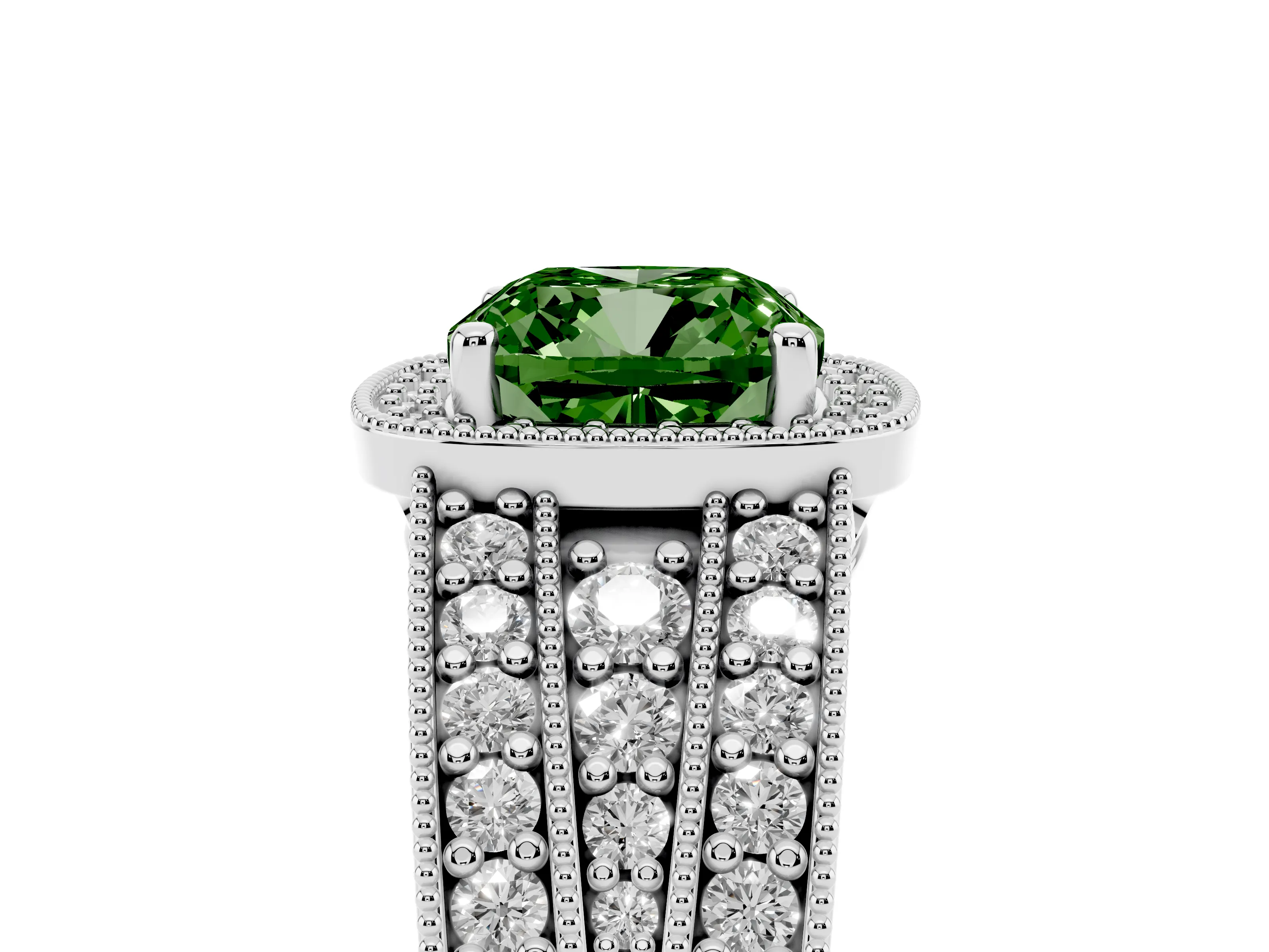Fancy Green Cushion Cut Diamond Halo Ring Set in Platinum with Accent Split Shank and Prong Setting