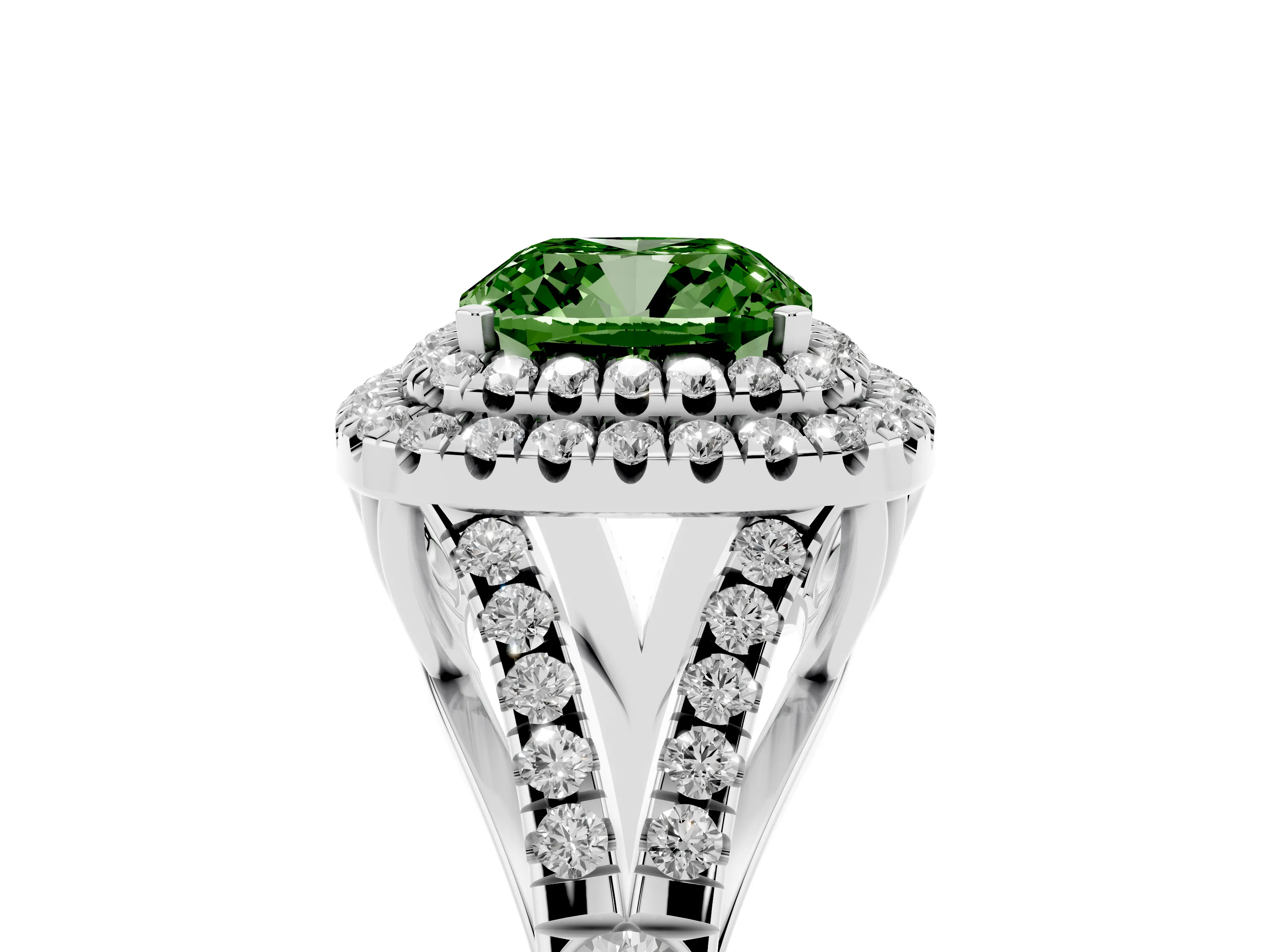 Fancy Green Cushion Cut Diamond Pavé Split Shank Double Halo Engagement Ring Set in Silver