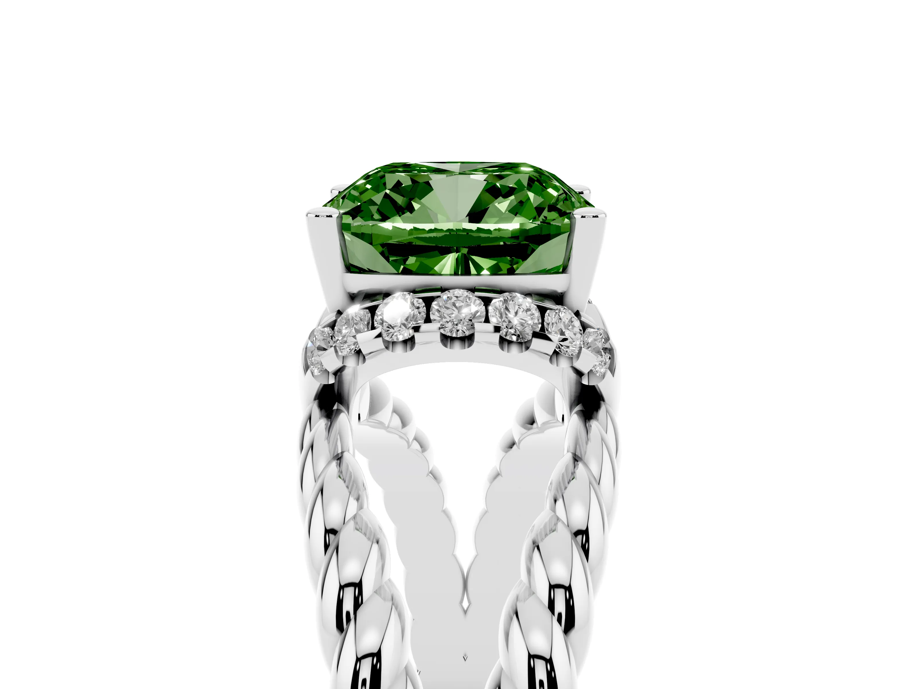 Fancy Green Cushion Cut Diamond Halo Ring Set in Platinum with Twisted Band and Prong Setting