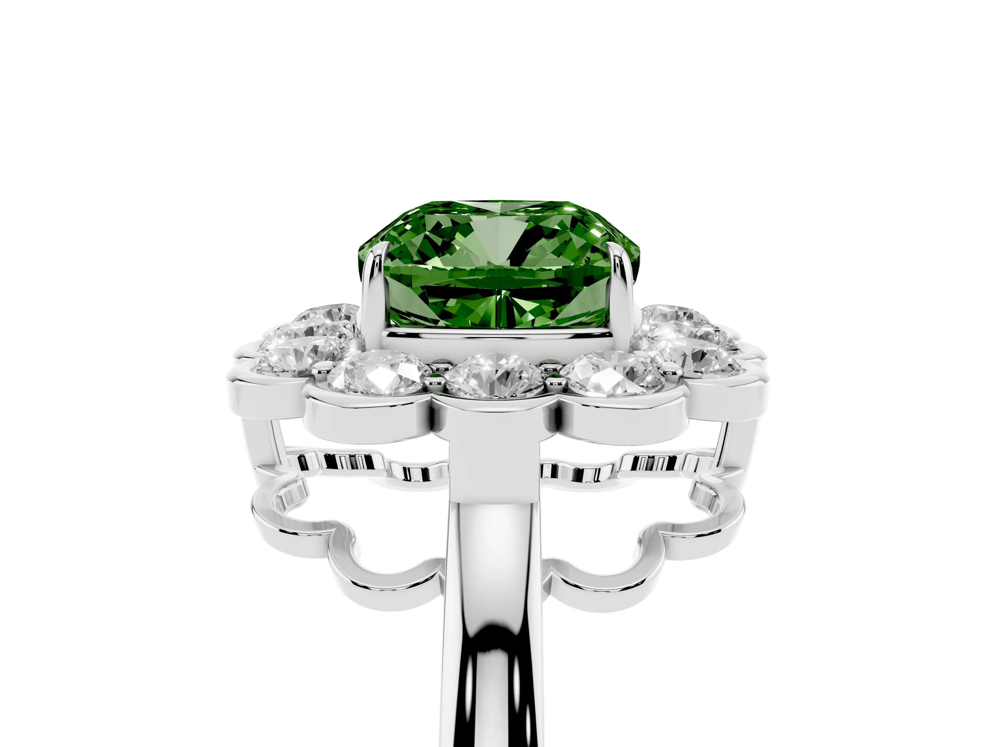 Fancy Green Cushion Cut Diamond Halo Cluster Engagement Ring Set in White gold with Solitaire Band and Prong Setting