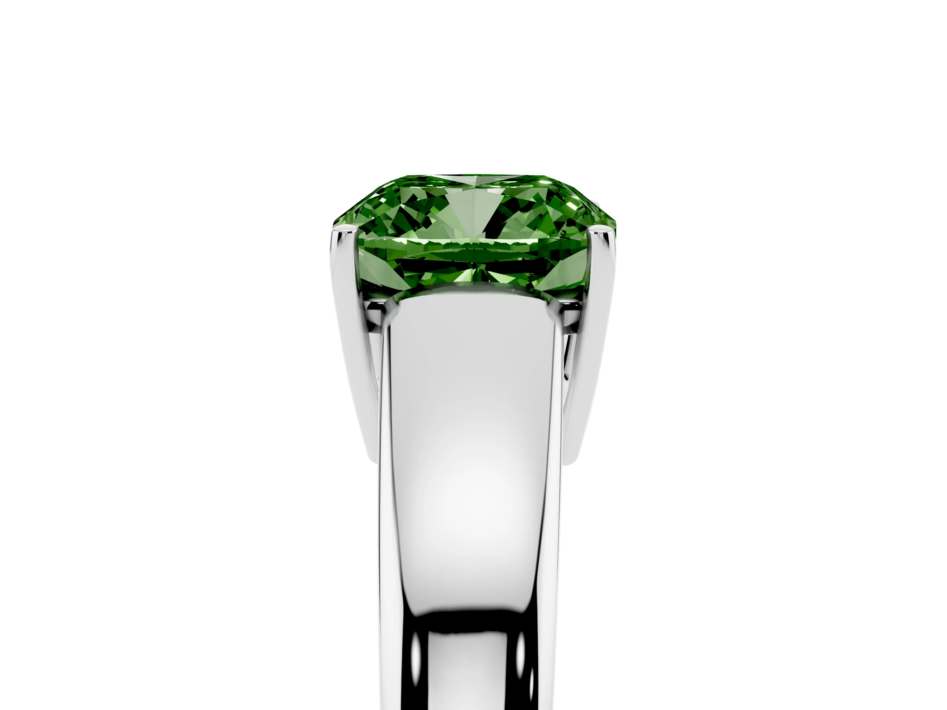 Fancy Green Cushion Cut Diamond Solitaire Ring Set in White gold with Tapered Band and Prong Setting