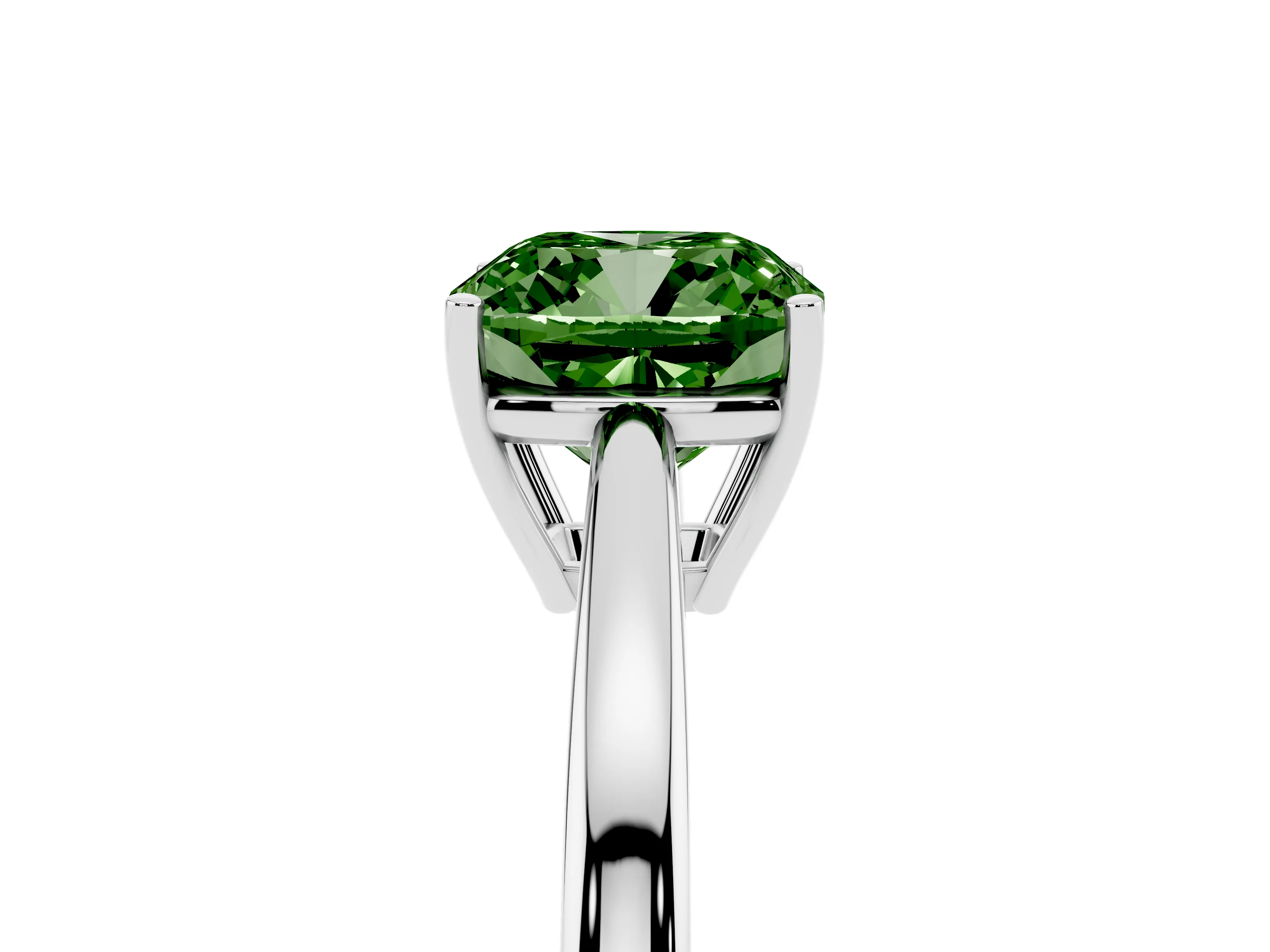 Fancy Green Cushion Cut Diamond Solitaire Ring Set in Silver with Split Shank and Prong Setting