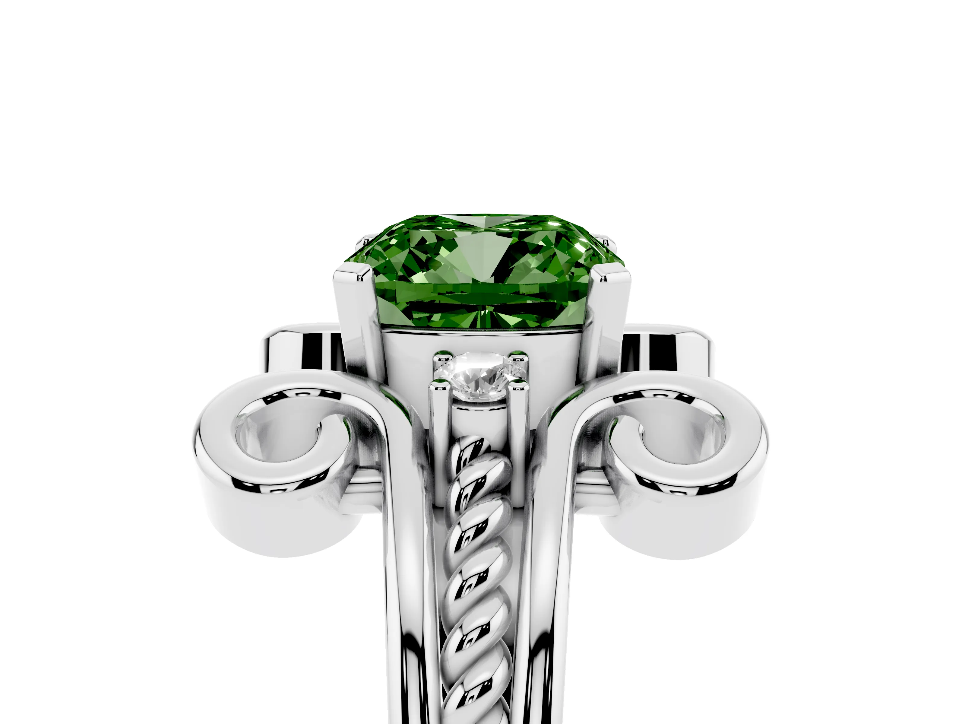 Fancy Green Cushion Cut Diamond Twisted Band Solitaire Ring Set in White gold with Scroll Prongs