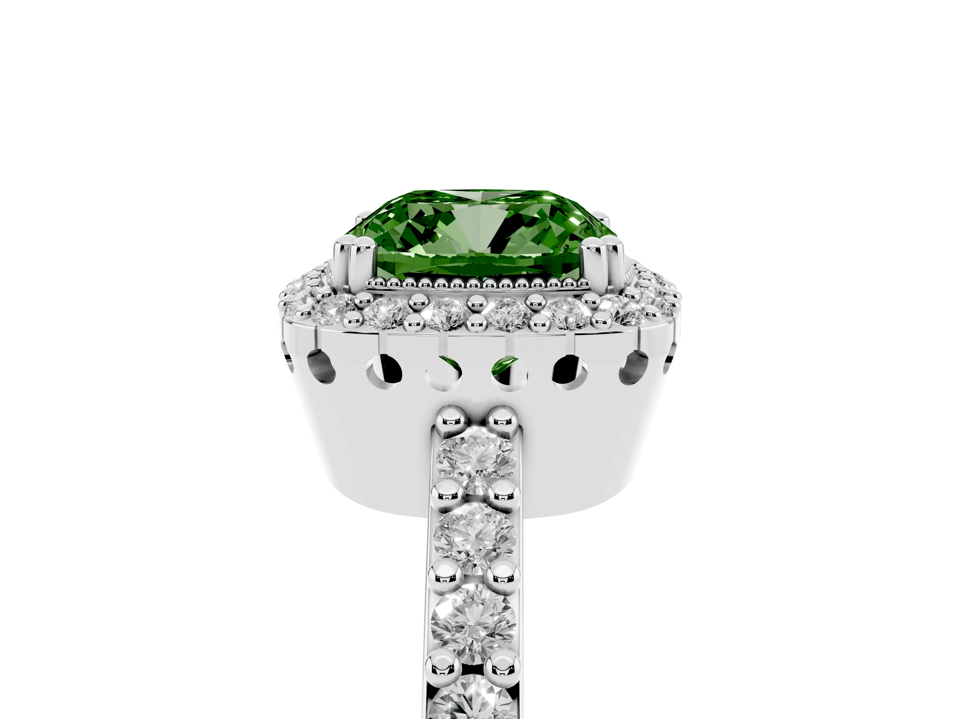 Fancy Green Cushion Cut Diamond Halo Engagement Ring Set in Silver with Milgrain Detail and Pavé Band
