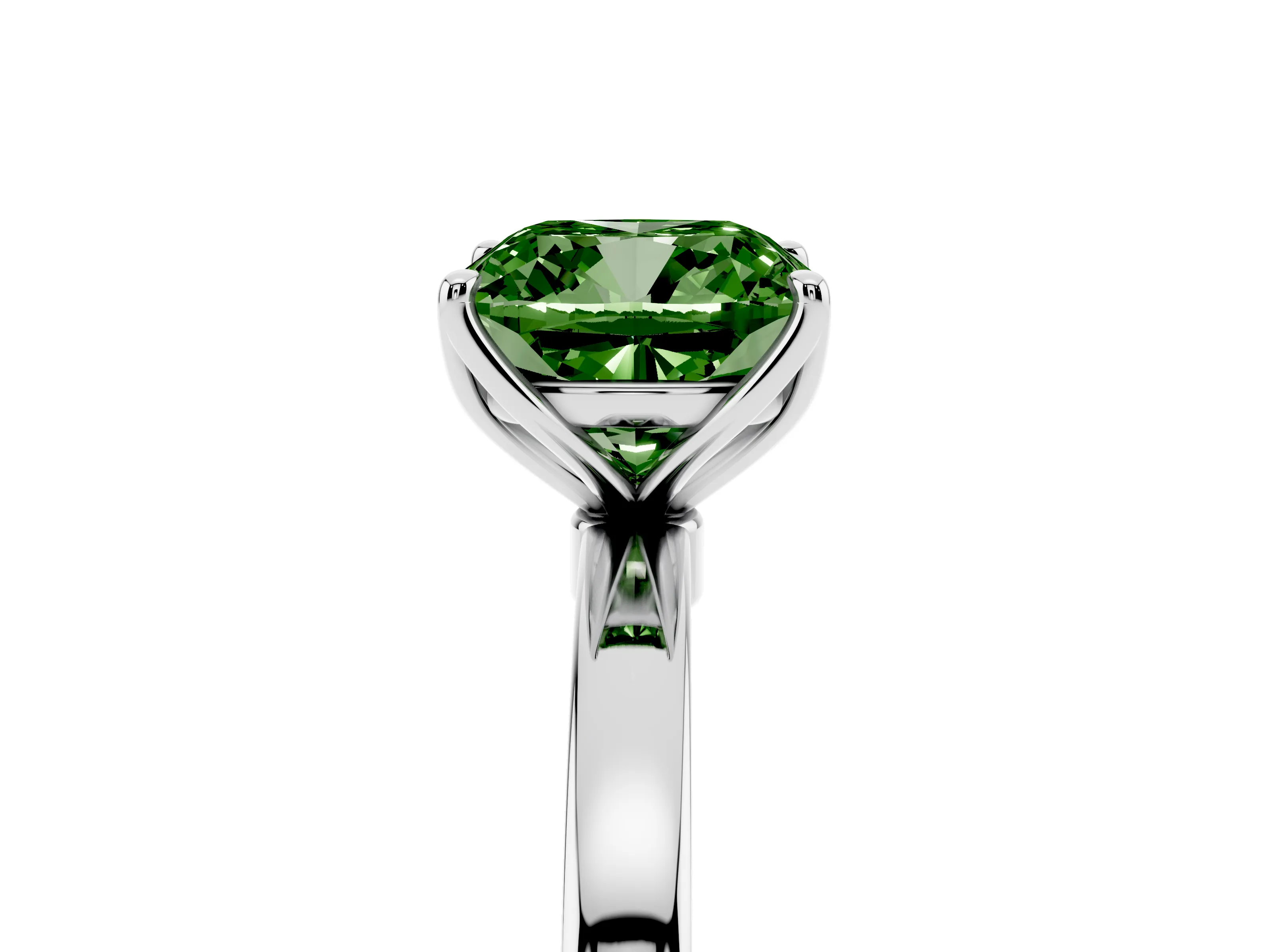 Fancy Green Cushion Cut Diamond Solitaire Ring Set in White gold with Prong Setting and Thin Polished Band