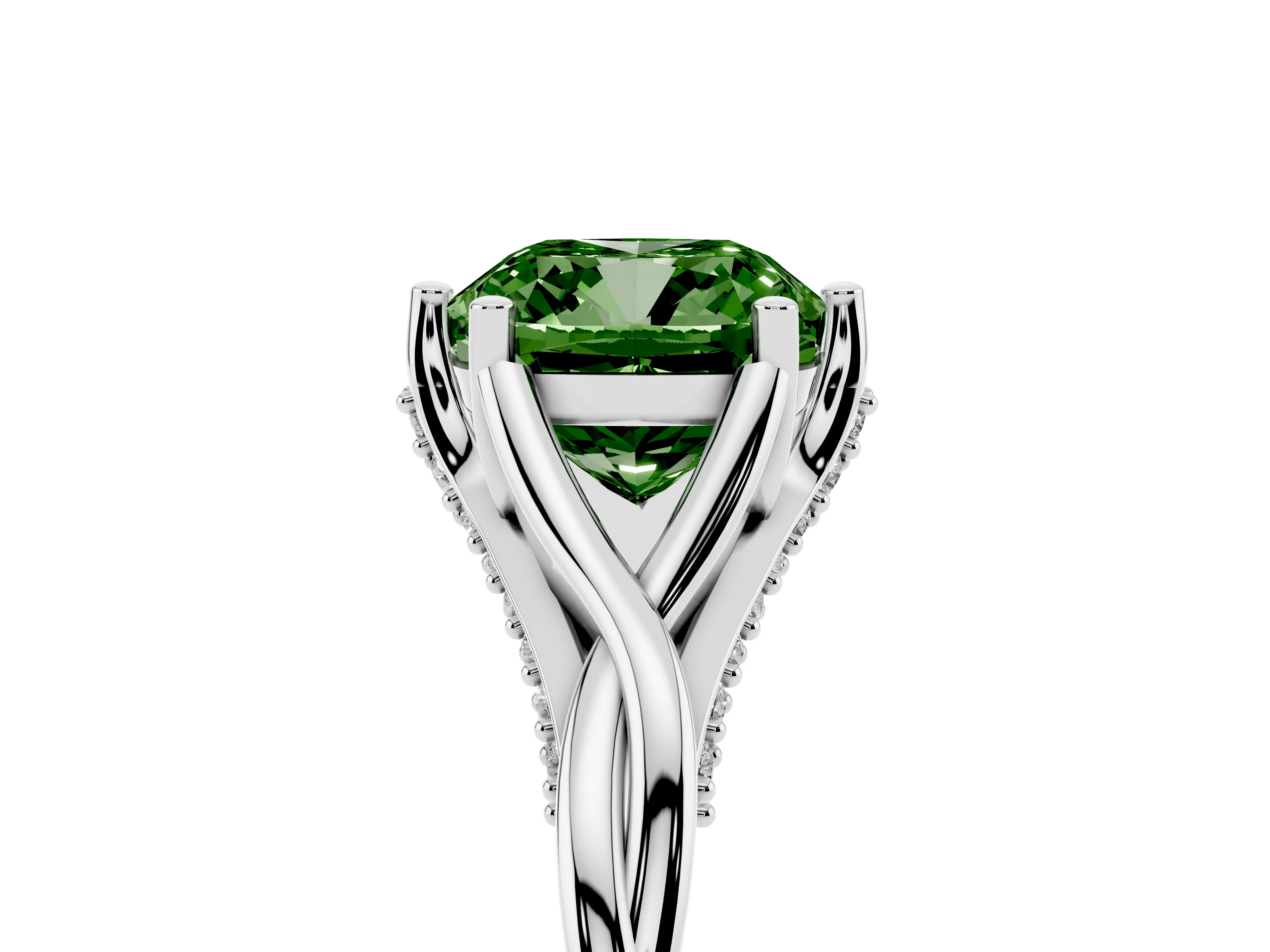 Fancy Green Cushion Cut Diamond Intertwined Twist Band Solitaire Ring Set in White gold with Prong Setting