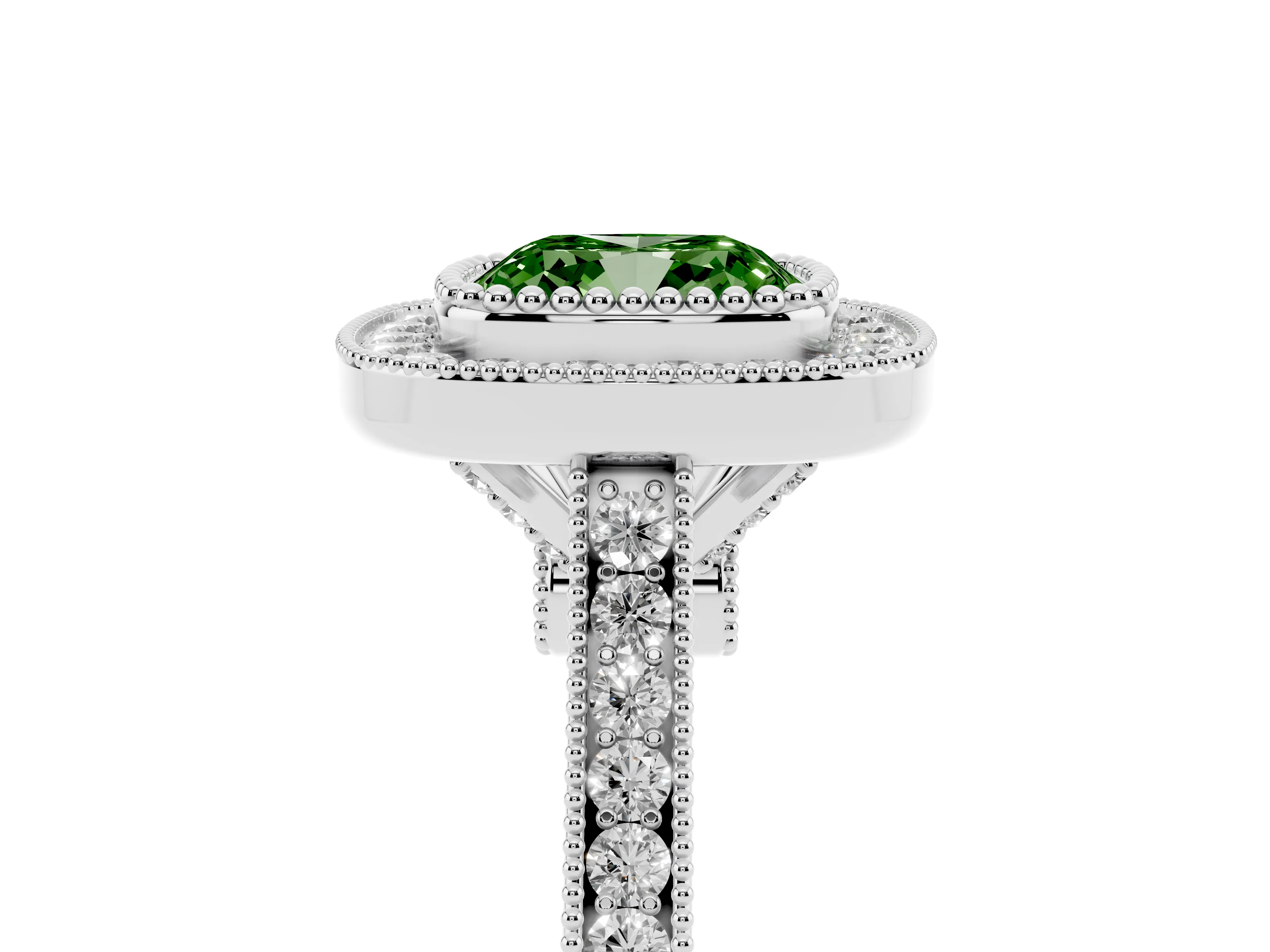 Fancy Green Cushion Cut Diamond Halo Ring Set in Platinum with Milgrain Frame and Pavé Band
