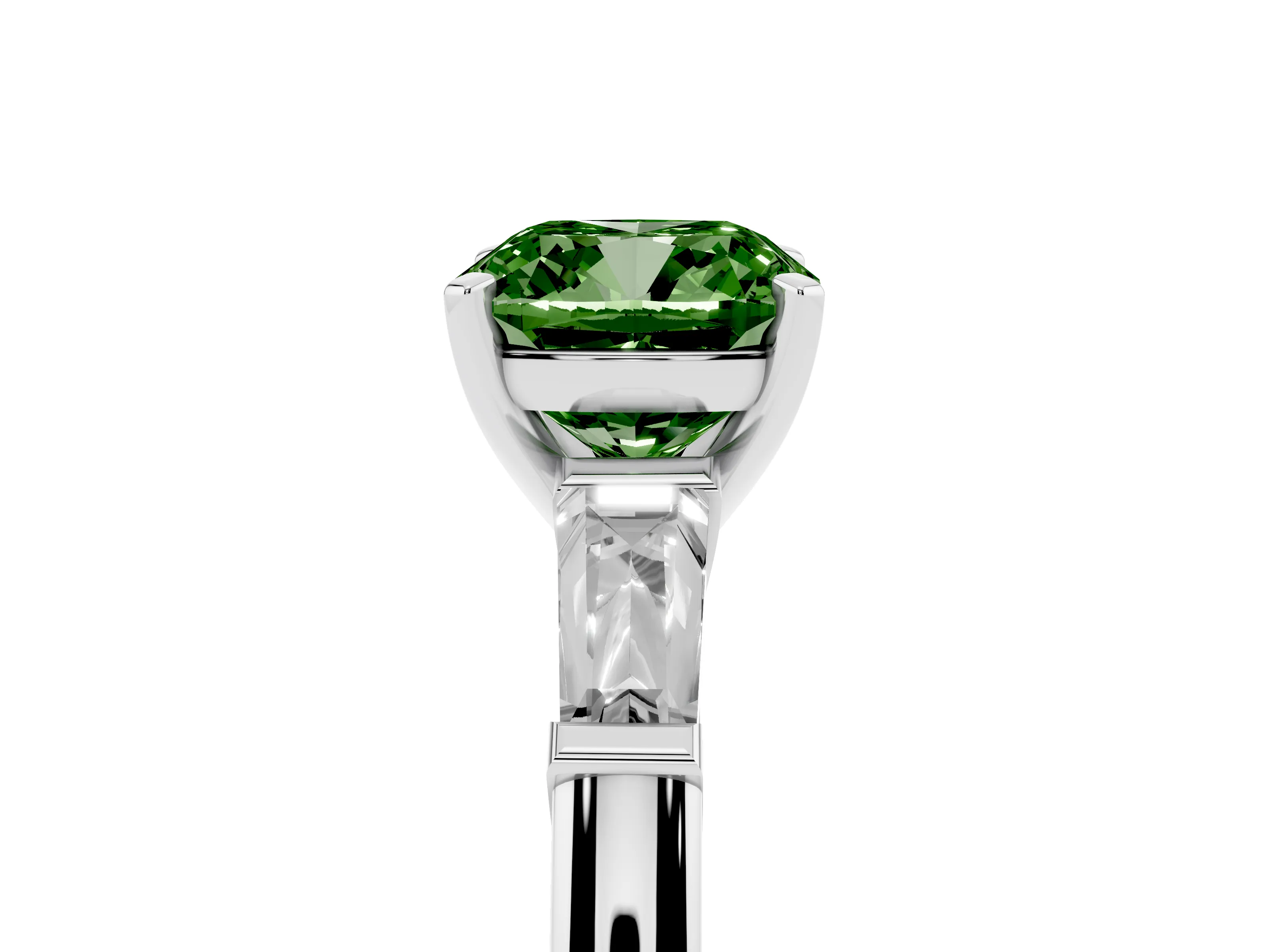 Fancy Green Cushion Cut Diamond Solitaire Ring Set in Platinum with Tapered Baguette Side Stones and Prong Setting