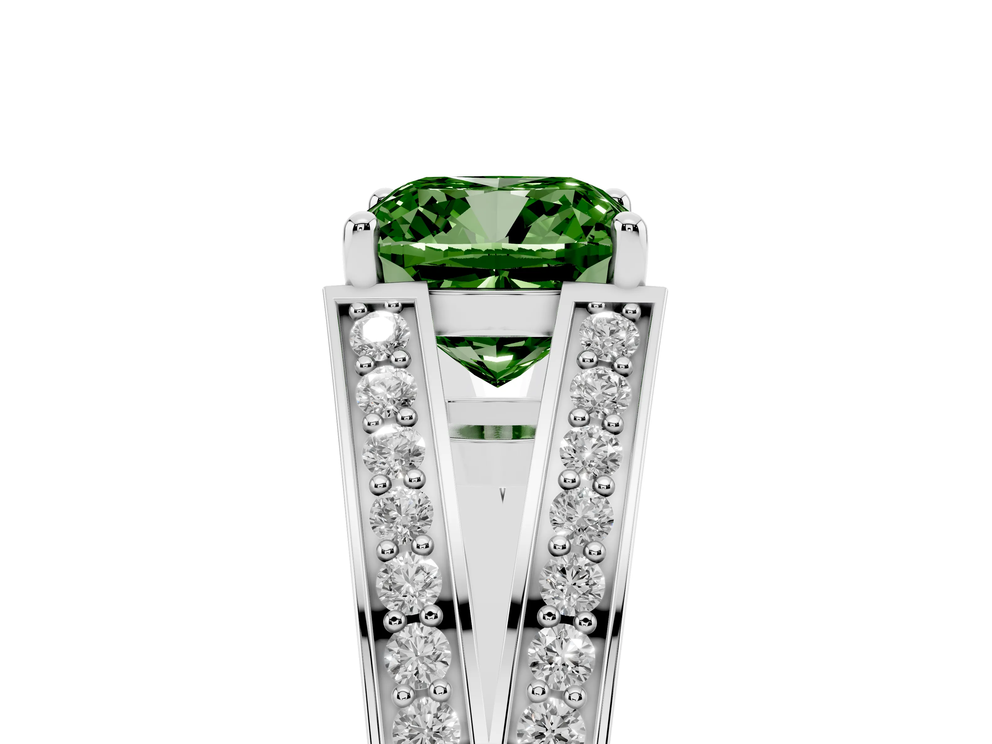 Fancy Green Cushion Cut Diamond Split Shank Ring Set in Platinum with Pavé Band and Prong Setting