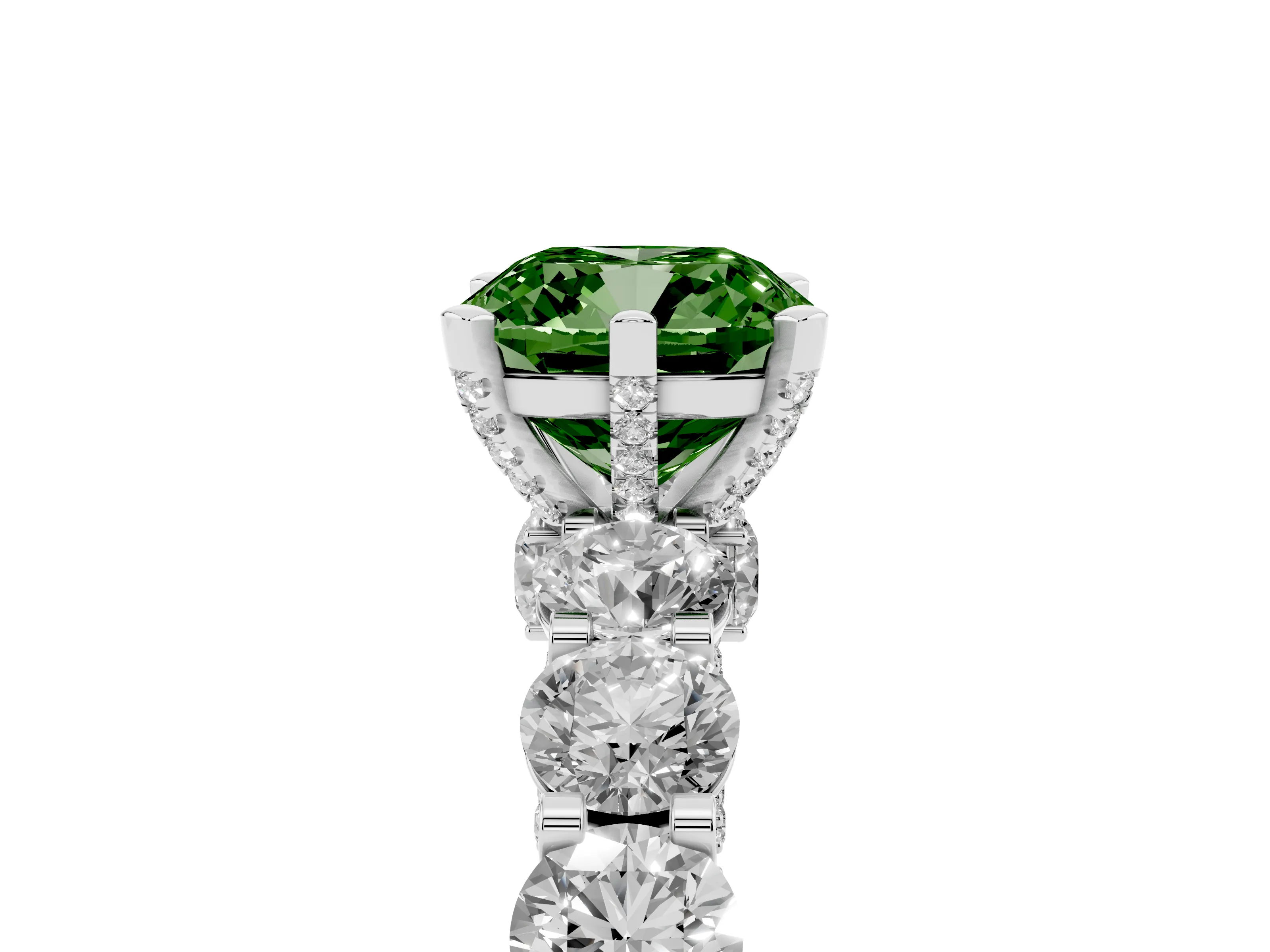 Fancy Green Cushion Cut Diamond Side Stone Ring Set in Silver with Alternating Round and Oval Side Stones