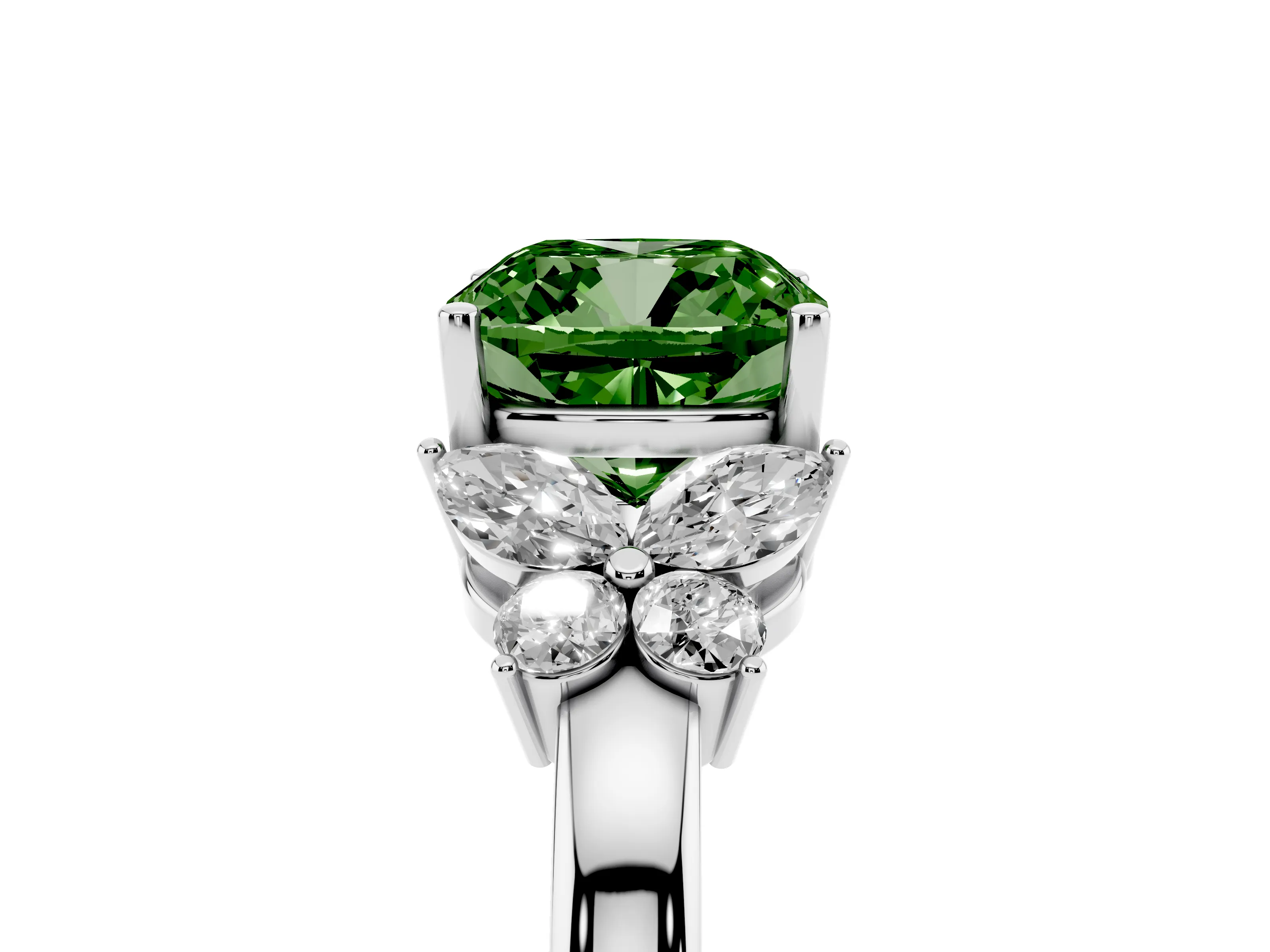Fancy Green Cushion Cut Diamond Solitaire Floral Ring Set in Platinum with Marquise Petals and Prong Setting