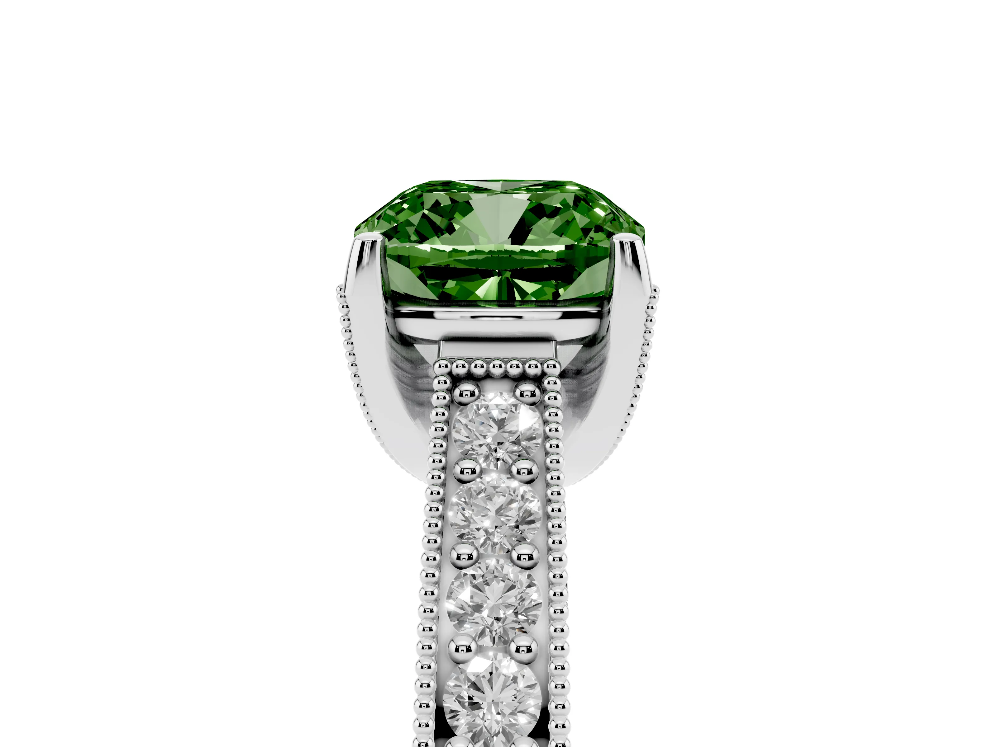 Fancy Green Cushion Cut Diamond Solitaire Ring Set in Silver with Milgrain-Edged Pavé Band and Prong Setting