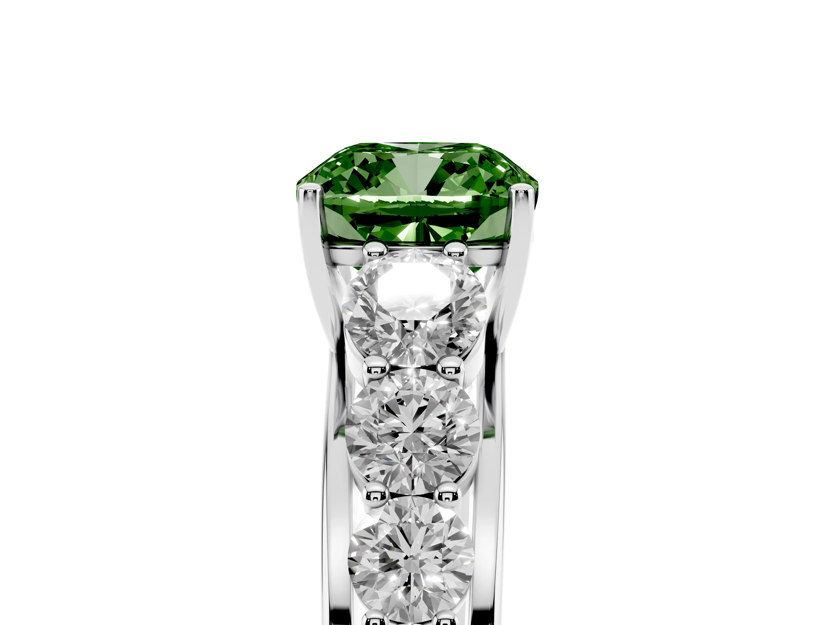 Fancy Green Cushion Cut Diamond Solitaire Ring Set in Silver with Pavé-Set Band and Prong Setting
