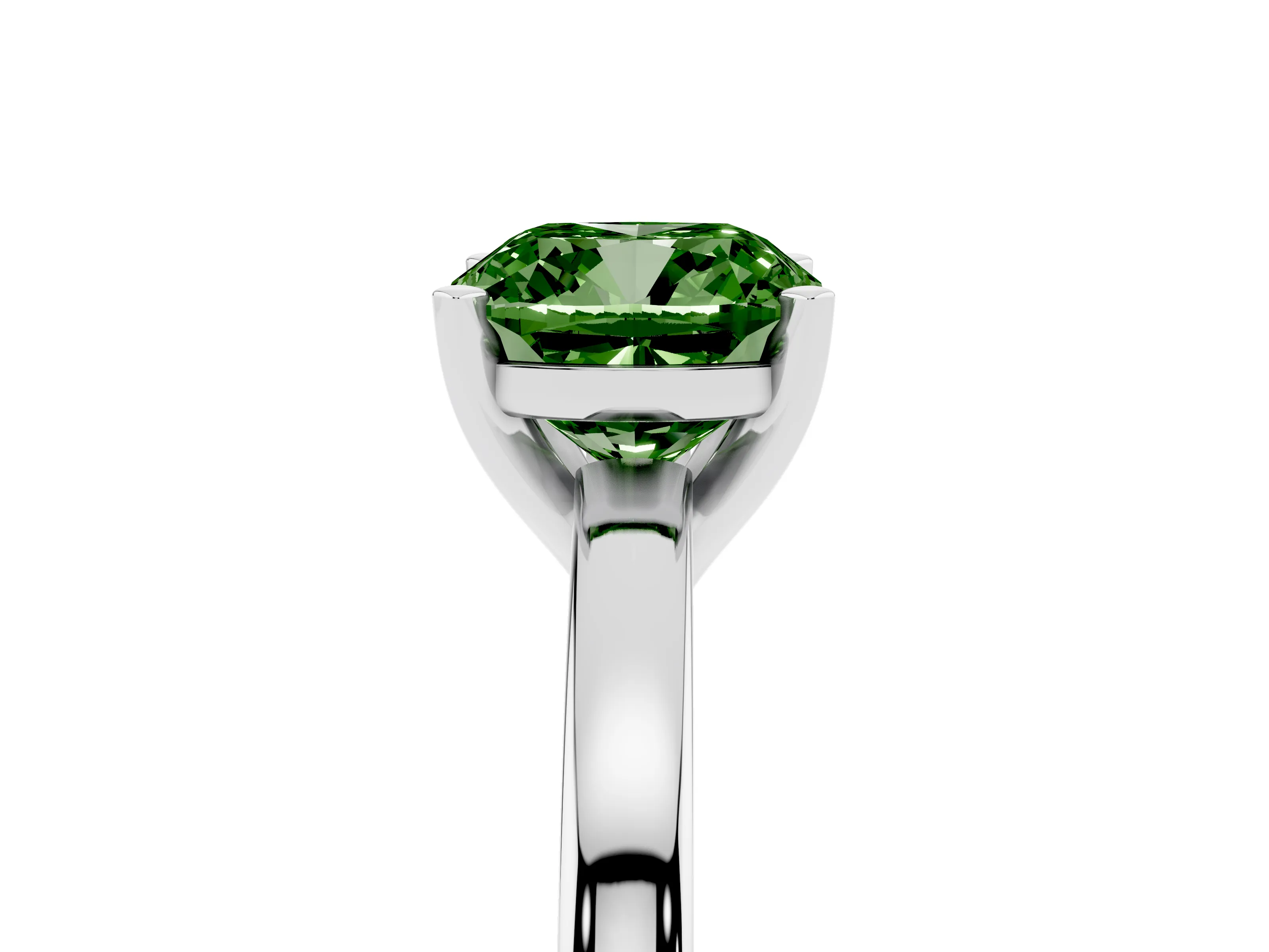 Fancy Green Cushion Cut Diamond Solitaire Engagement Ring Set in White gold with Prong Setting on a Classic Band