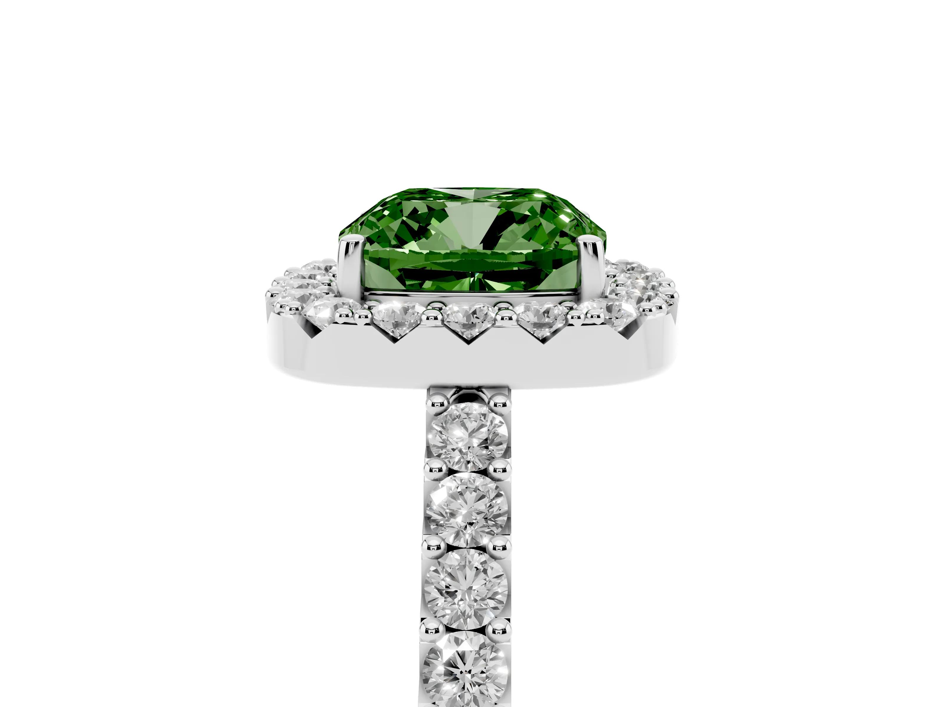 Fancy Green Cushion Cut Diamond Halo Pavé Solitaire Ring Set in Silver with Prong-Set Center Stone