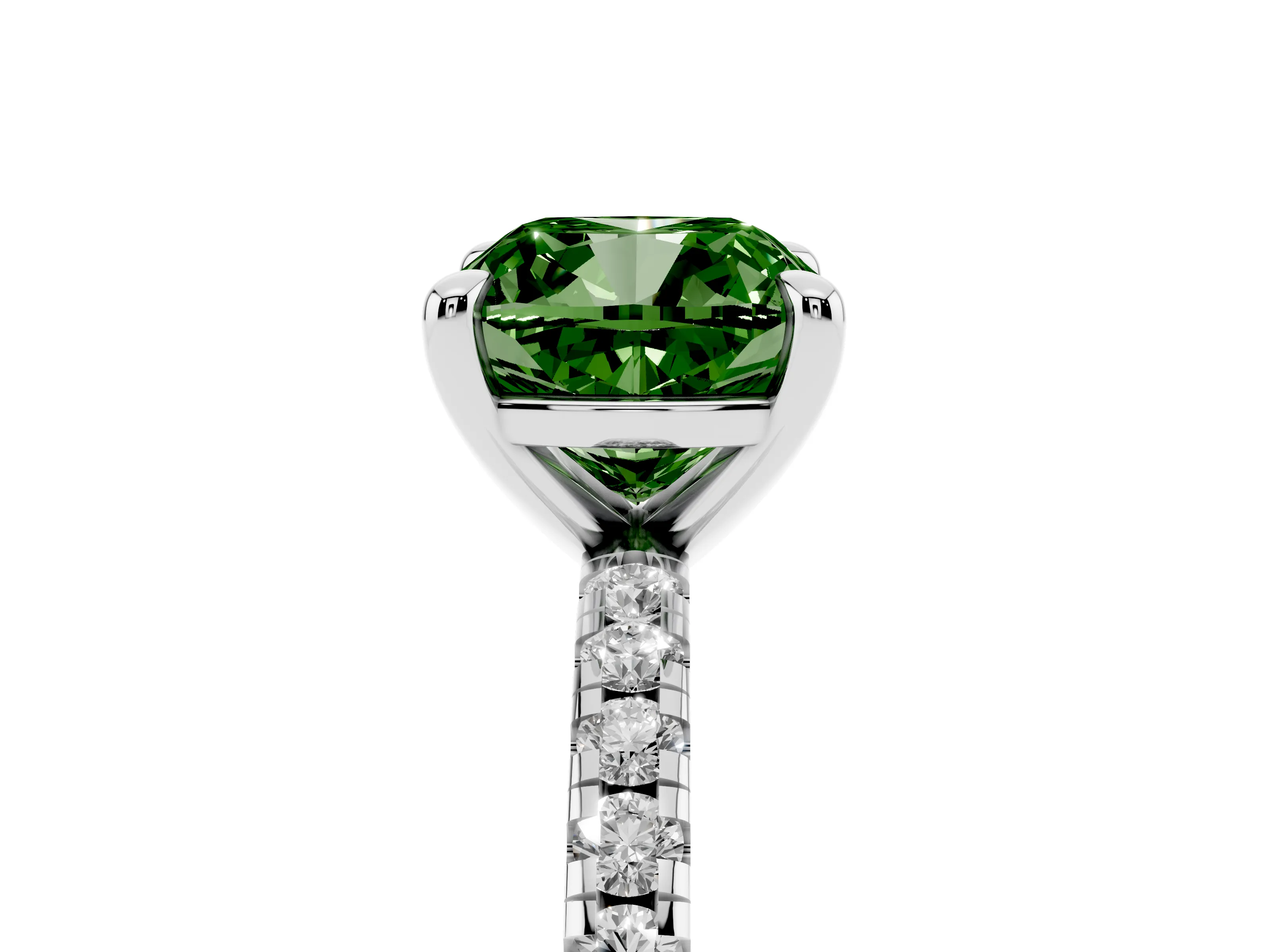 Fancy Green Cushion Cut Diamond Brilliant Solitaire Ring Set in Platinum with Pavé Band and Prong Setting