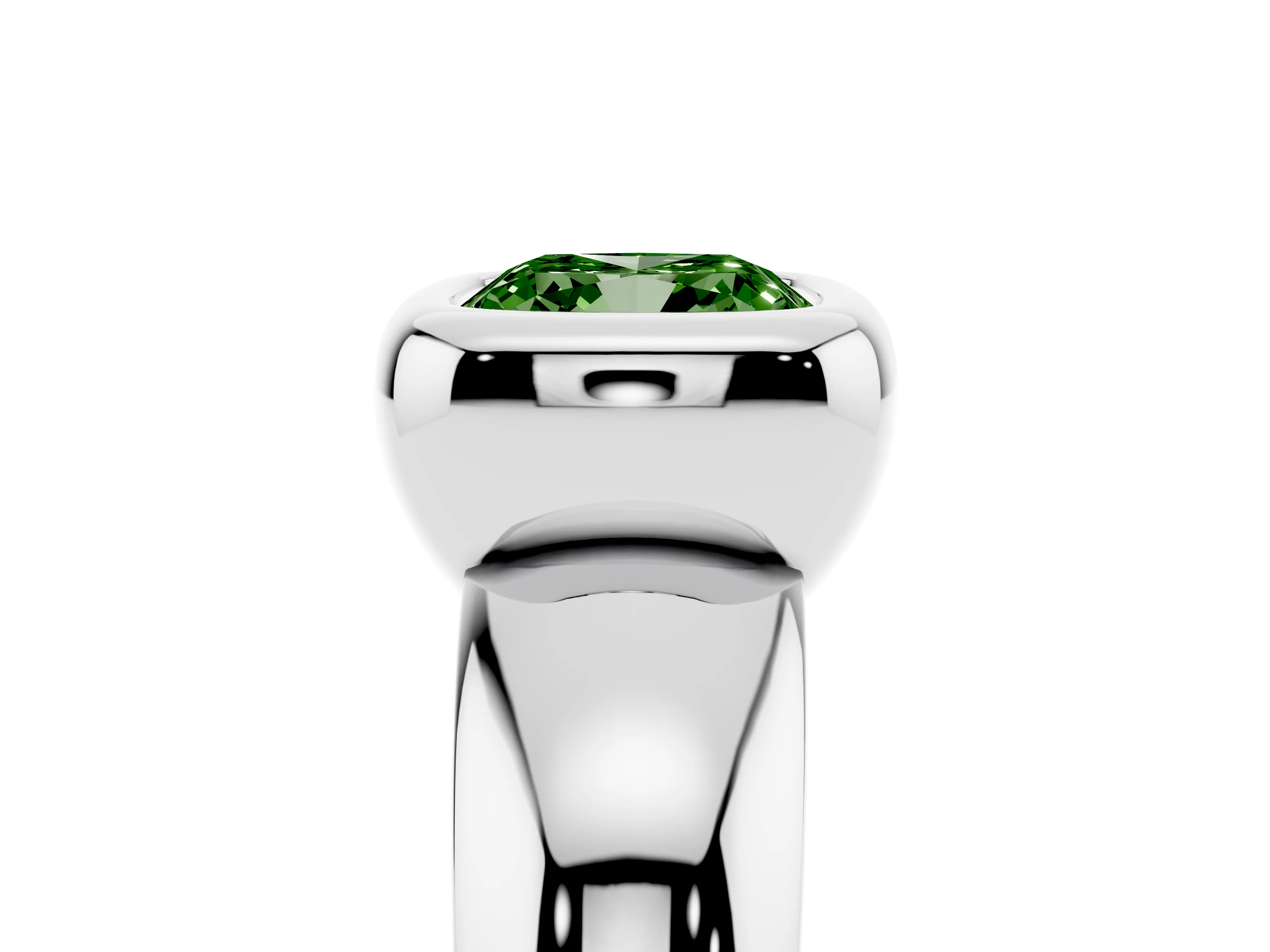 Fancy Green Bezel Set Cushion Cut Diamond Solitaire Ring Set in Silver with Wide Band