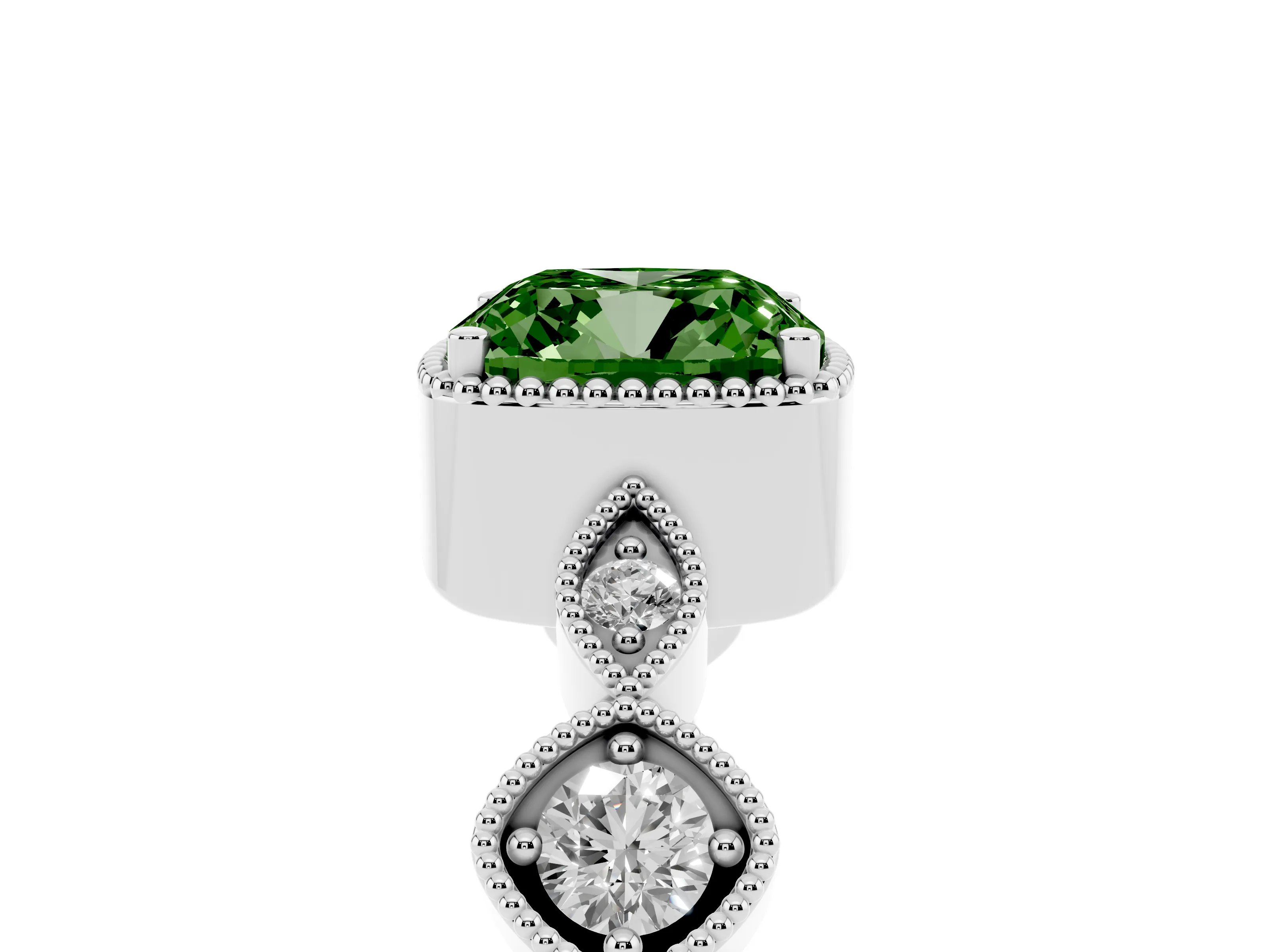 Fancy Green Cushion Cut Diamond Vintage-Inspired Milgrain Ring Set in White gold with Marquise Stations of Round Accents