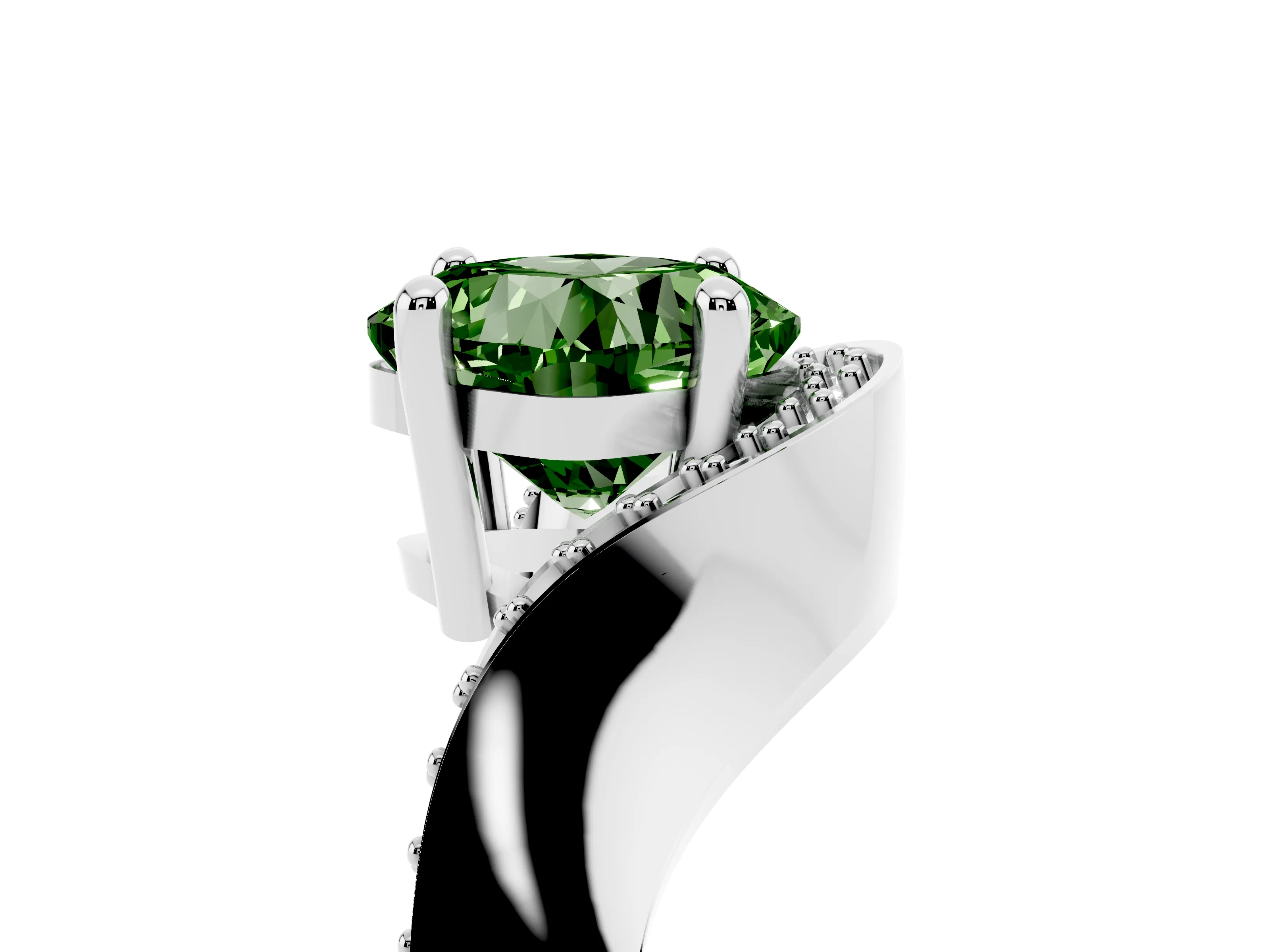 Fancy Green Cushion Cut Diamond Solitaire Engagement Ring Set in White gold with Pavé Shoulders