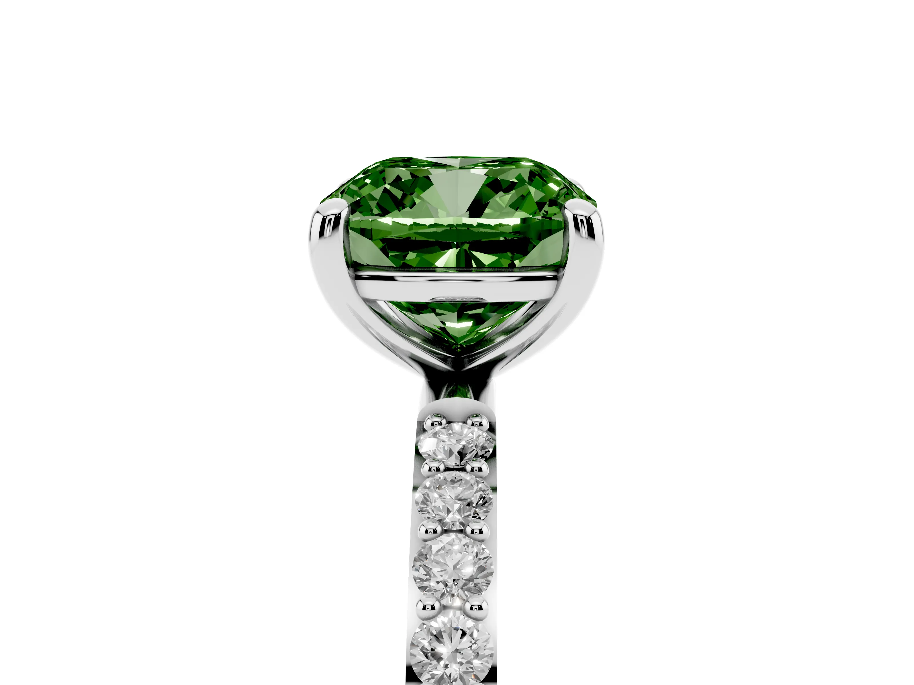 Fancy Green Cushion Cut Diamond Solitaire Ring Set in Silver with Round Pavé Band and Prong Setting