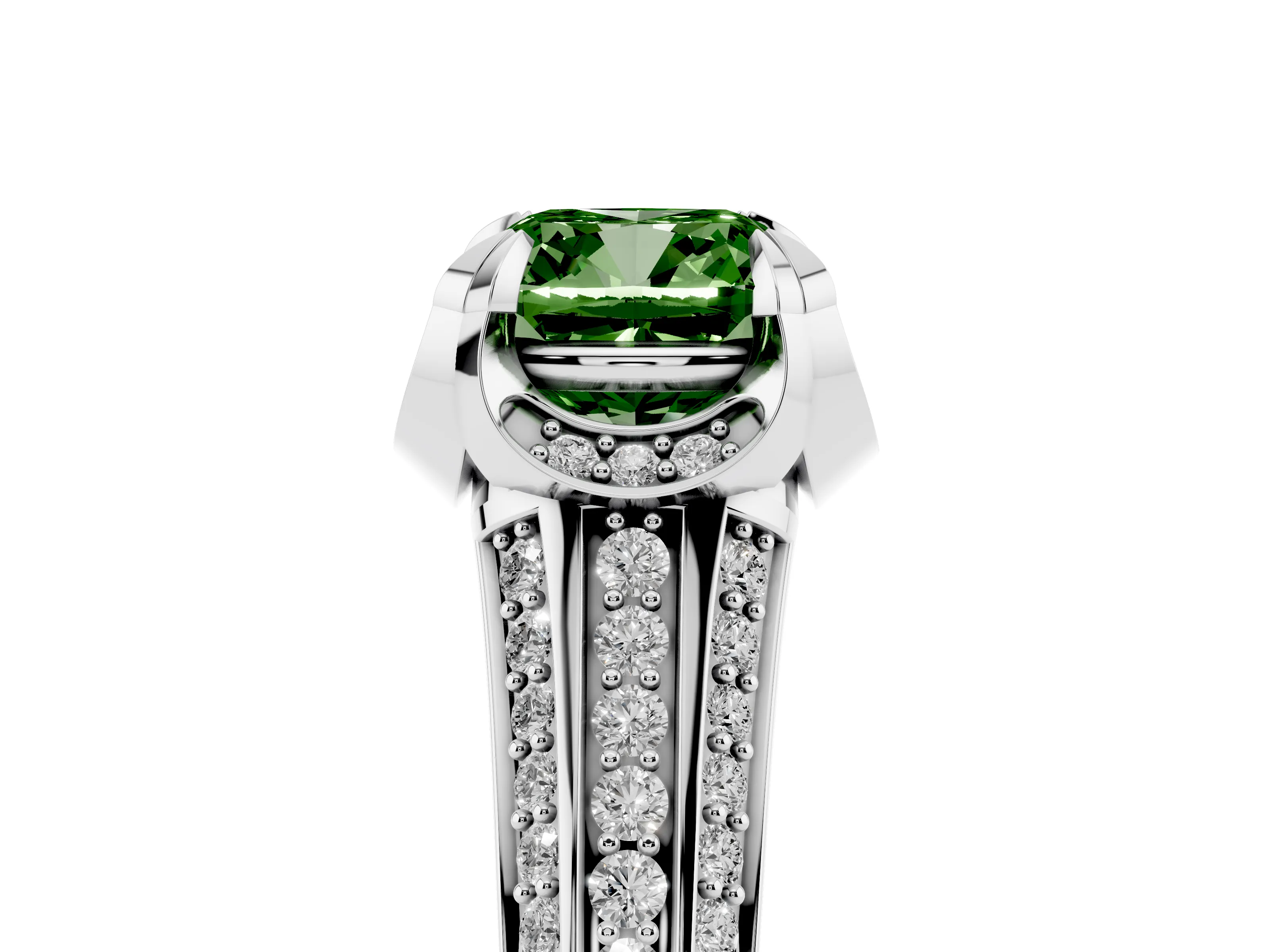 Fancy Green Cushion Cut Diamond Pavé Split Shank Solitaire Ring Set in Platinum with Prong Setting