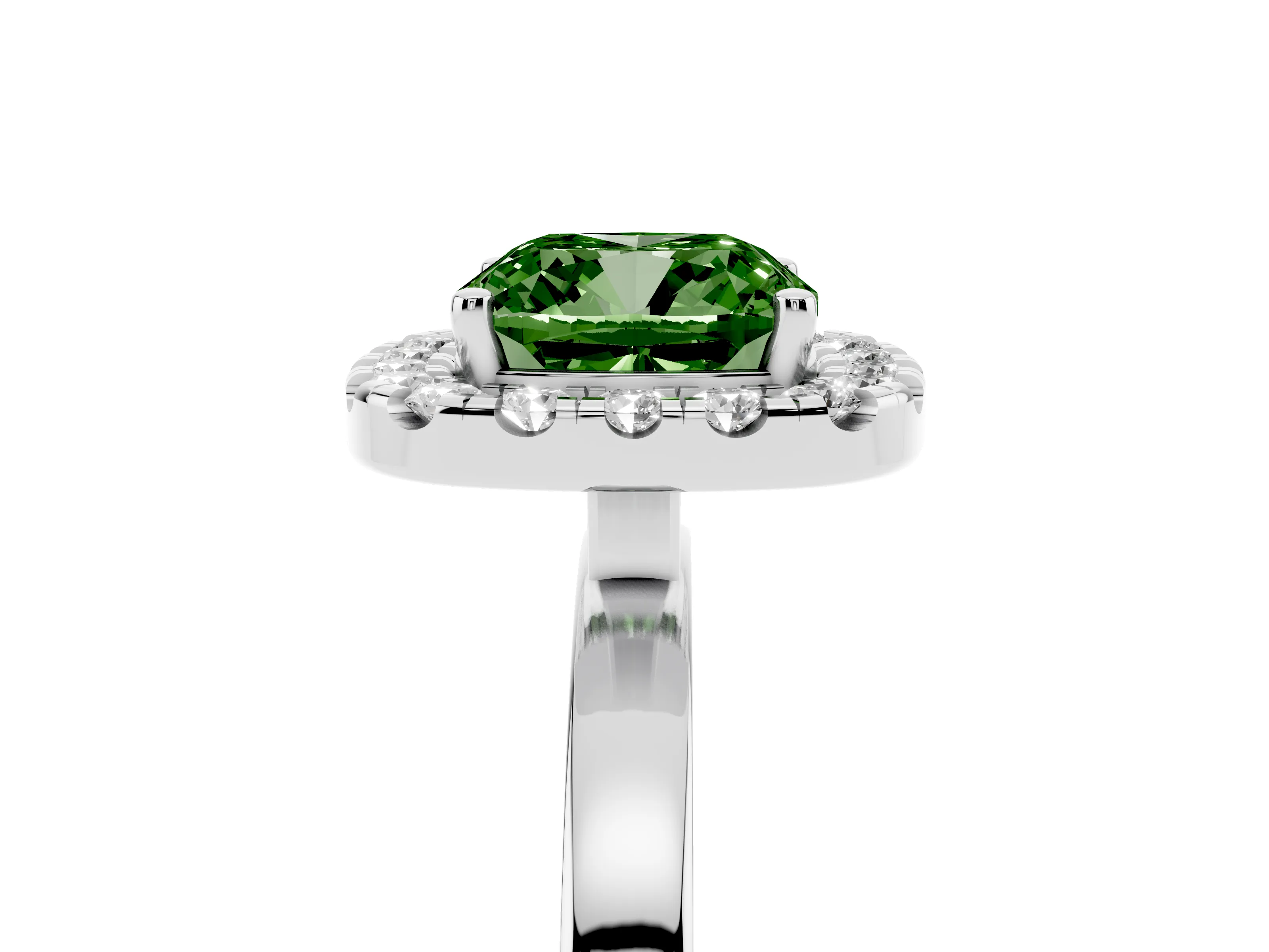 Fancy Green Cushion Cut Diamond Halo Solitaire Ring Set in Silver with Pavé Band and Prong Setting