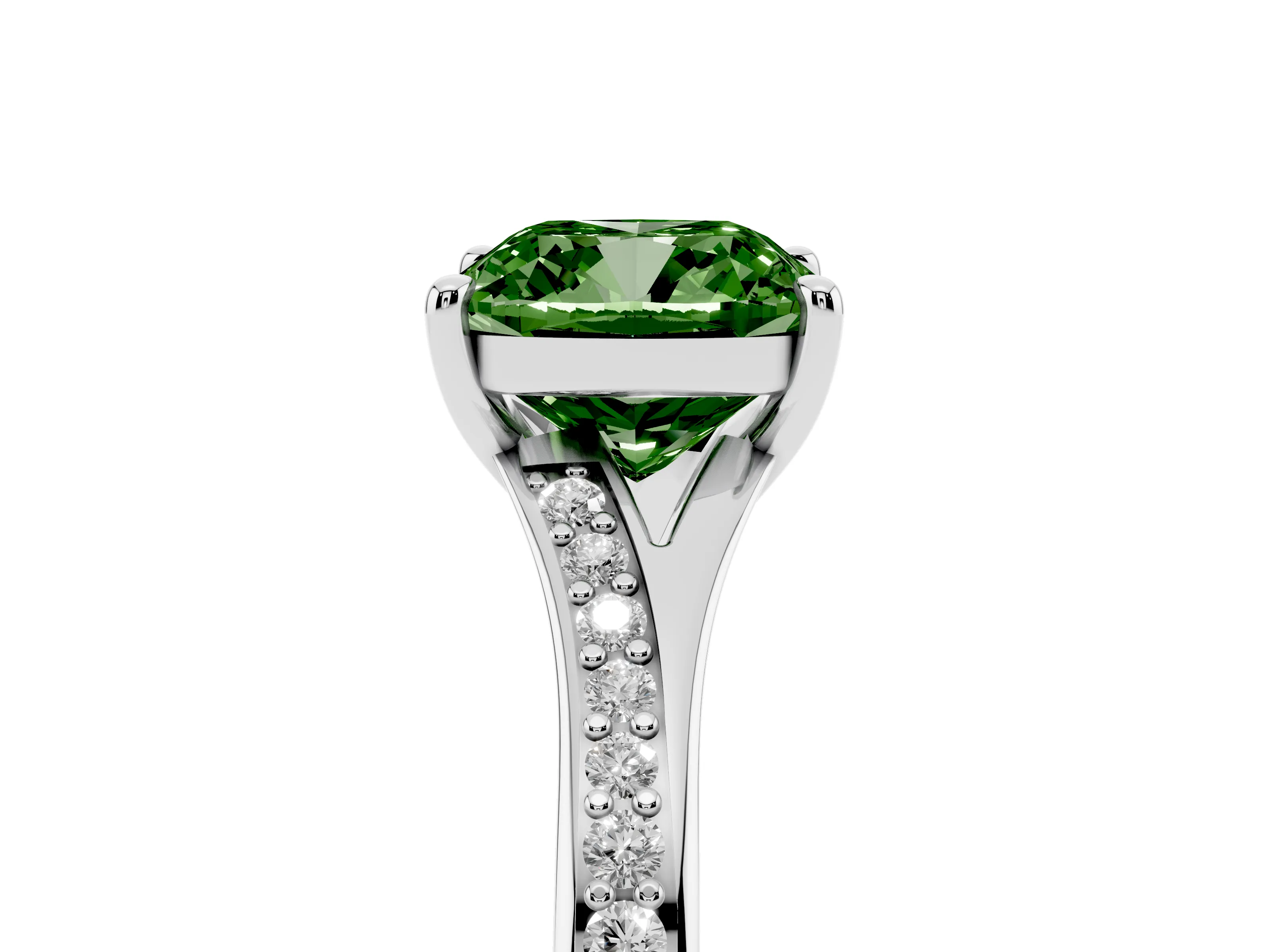 Fancy Green Cushion Cut Diamond Solitaire Ring Set in Silver with Pavé Accent Band and Classic Prong Setting