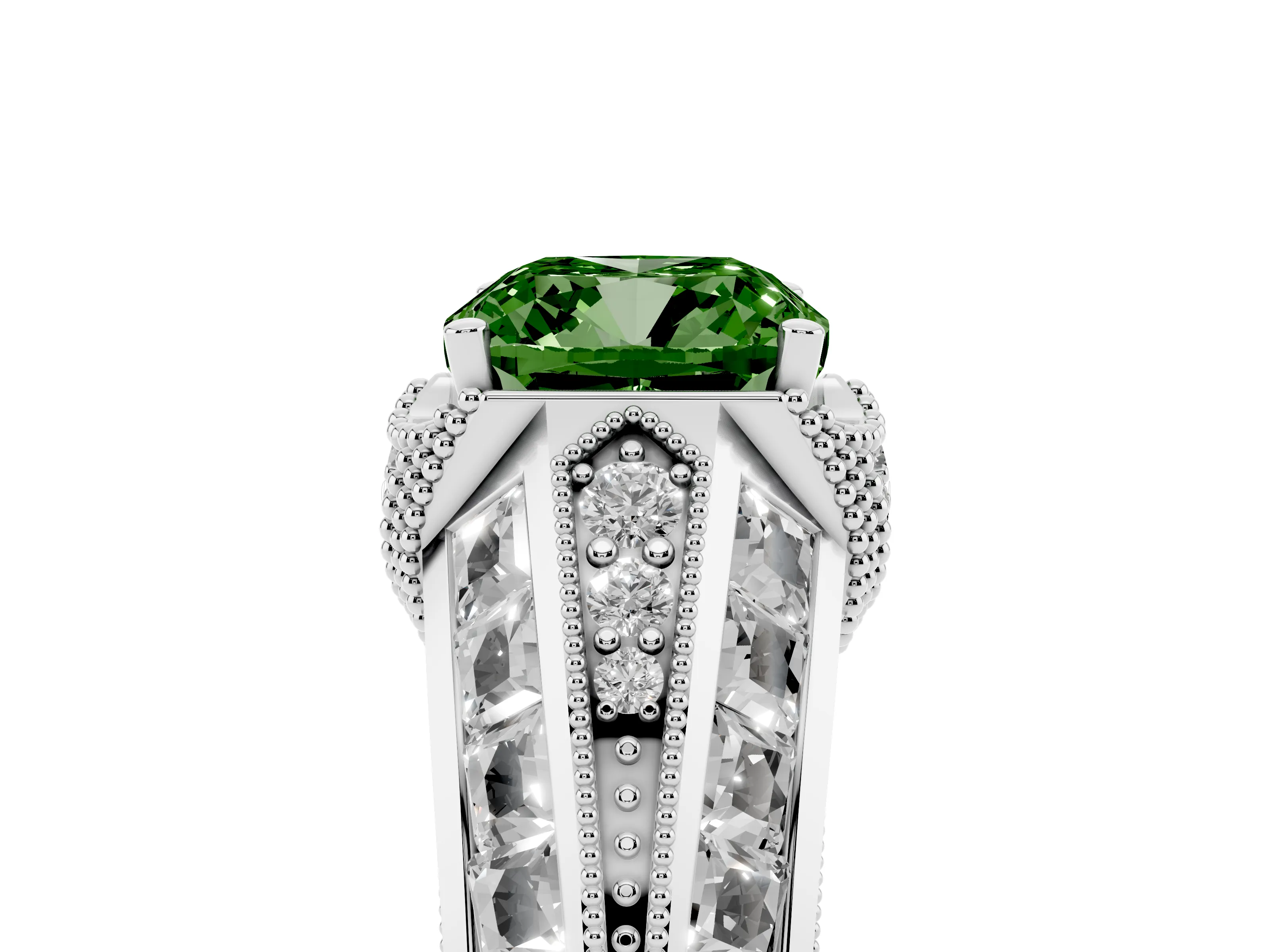 Fancy Green Cushion Cut Diamond Vintage-Inspired Milgrain Ring Set in Silver with Accent Split Shank