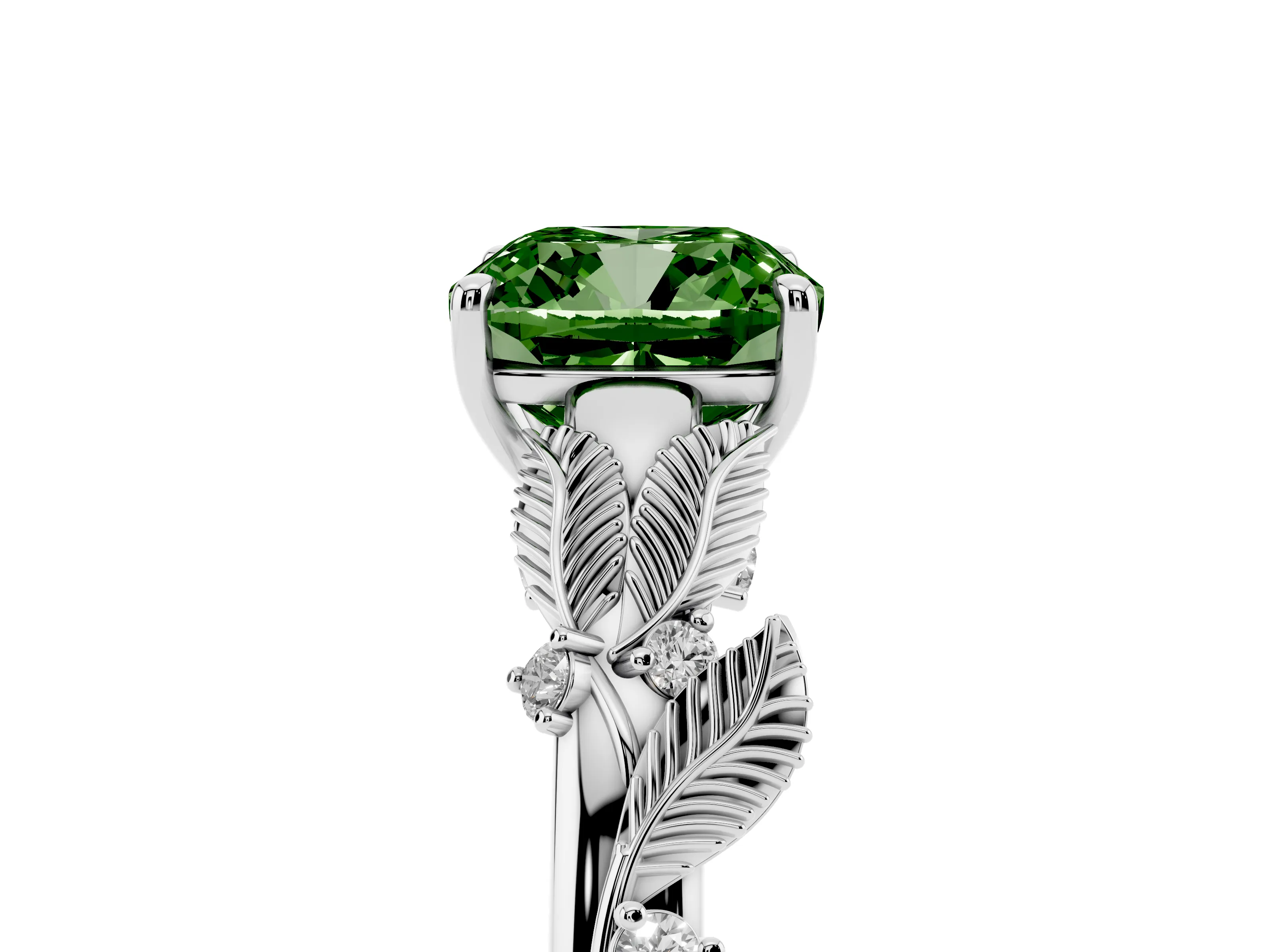 Fancy Green Cushion Cut Diamond Solitaire Ring Set in White gold with Leaf Motif Band