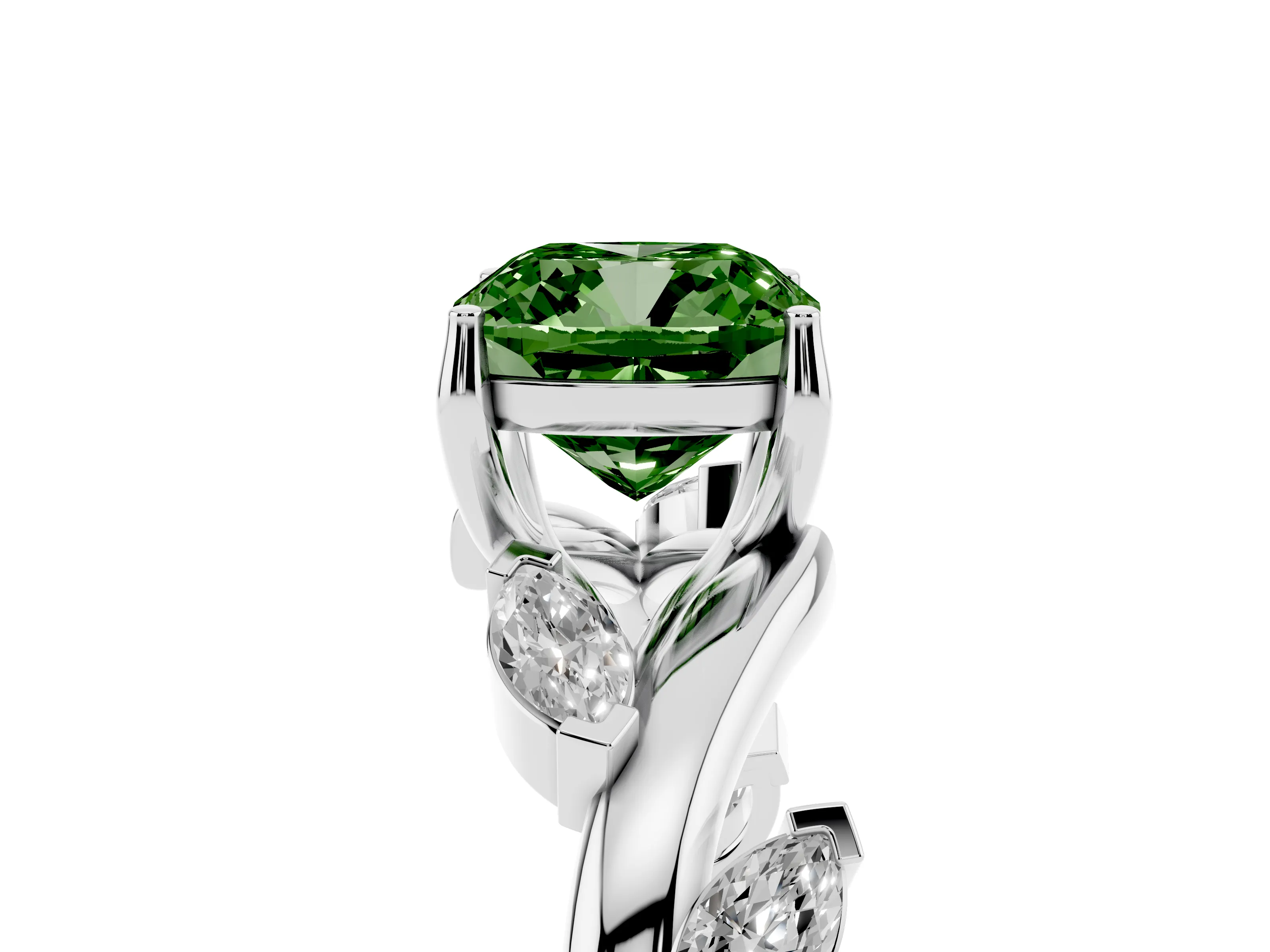 Fancy Green Cushion Cut Diamond Solitaire Ring Set in Silver with Twisted Marquise Accent Band