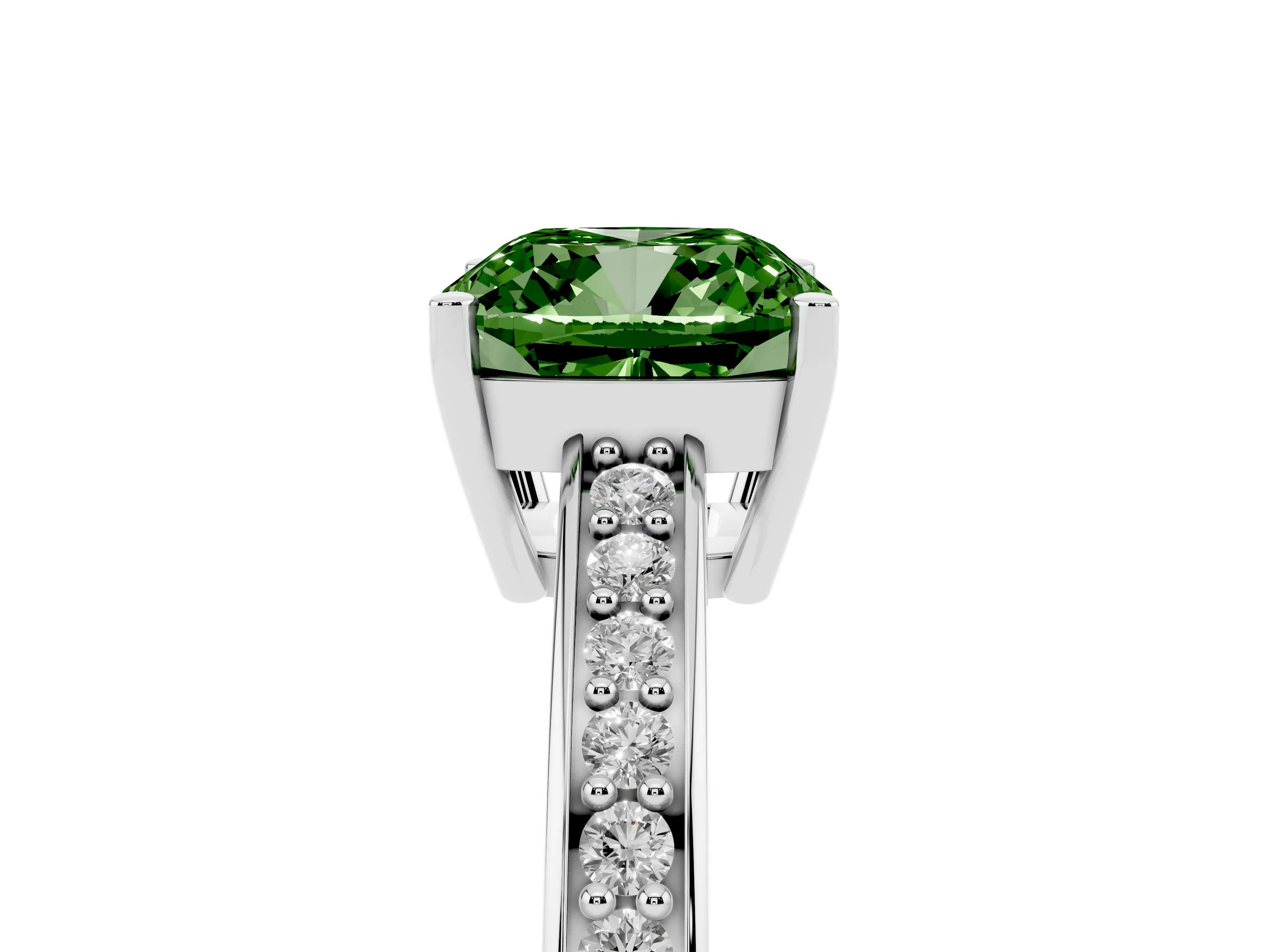 Fancy Green Cushion Cut Diamond Pavé Band Prong Set Solitaire Ring Set in White gold