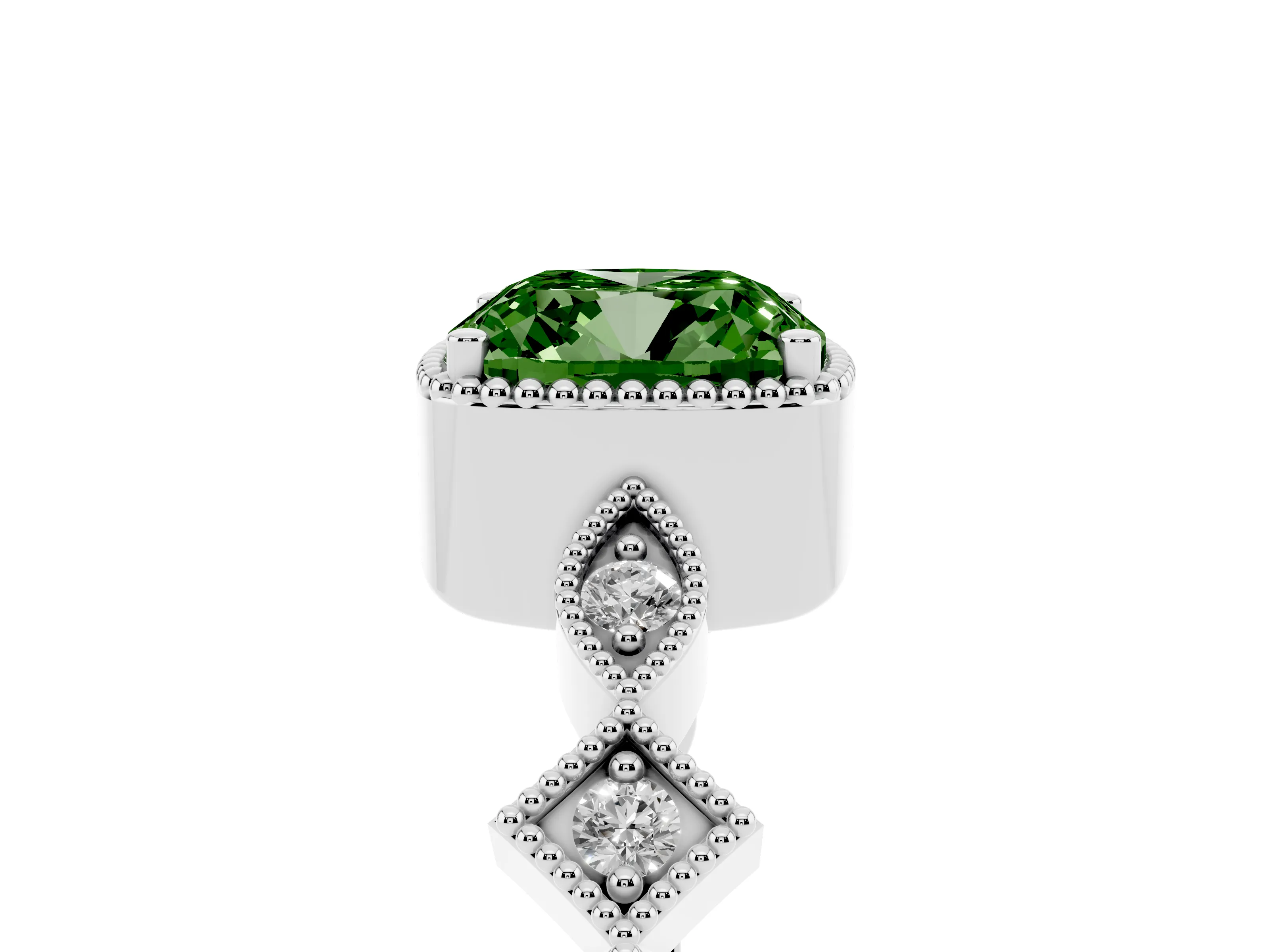 Fancy Green Cushion Cut Diamond Milgrain Marquise Twist Band Ring Set in White gold with Prong Setting