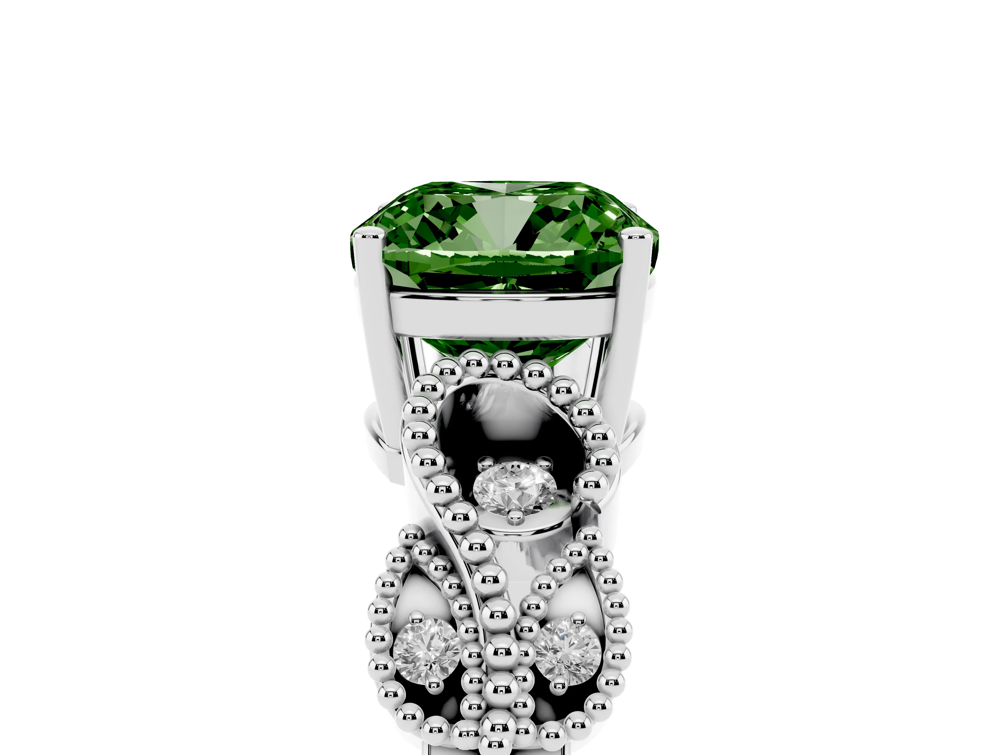Fancy Green Cushion Cut Diamond Milgrain Leaf Band Solitaire Ring Set in White gold with Accent Stones and Prong Setting
