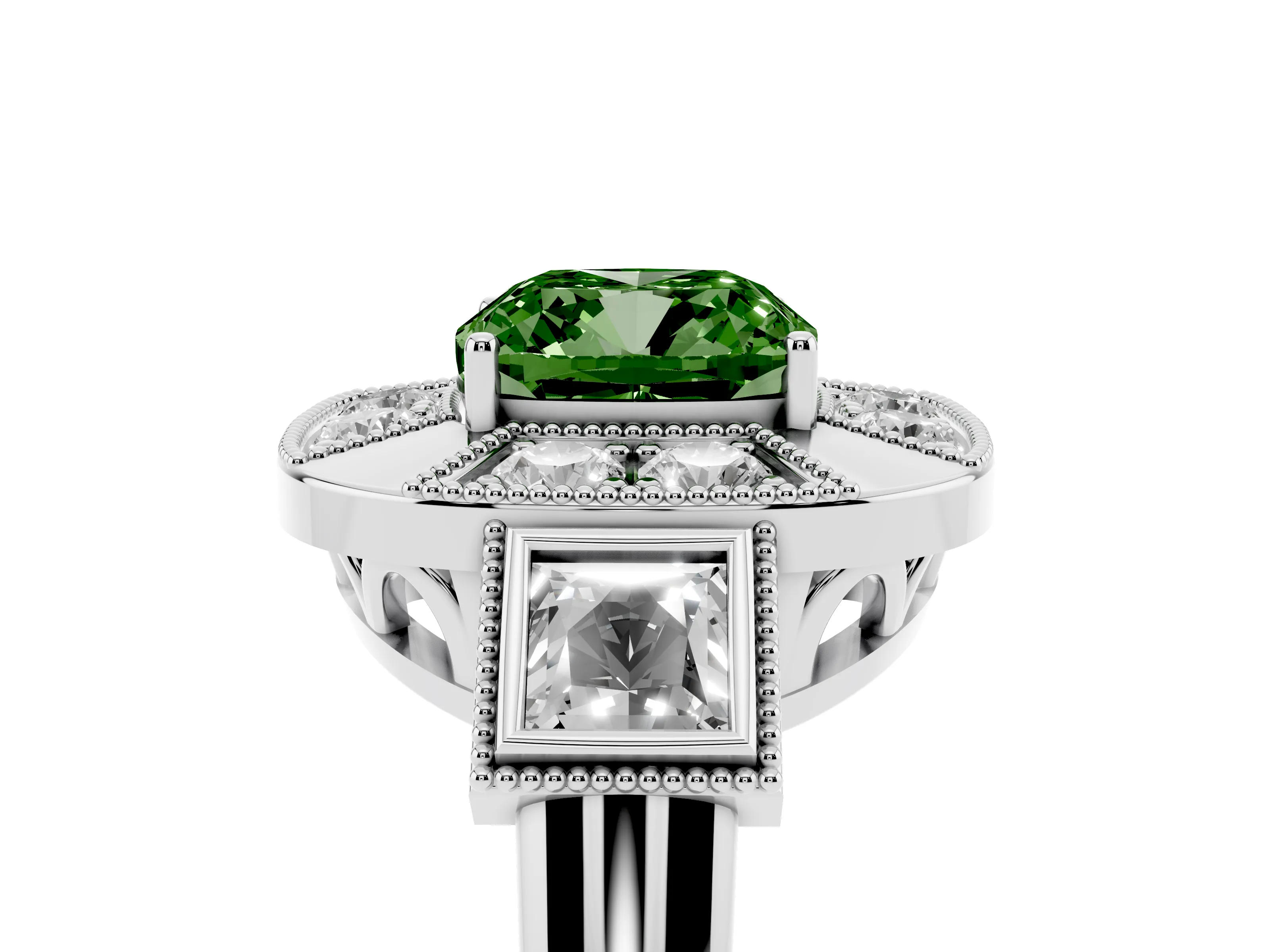 Fancy Green Cushion Cut Diamond Milgrain Halo Ring Set in Platinum with Split Shank