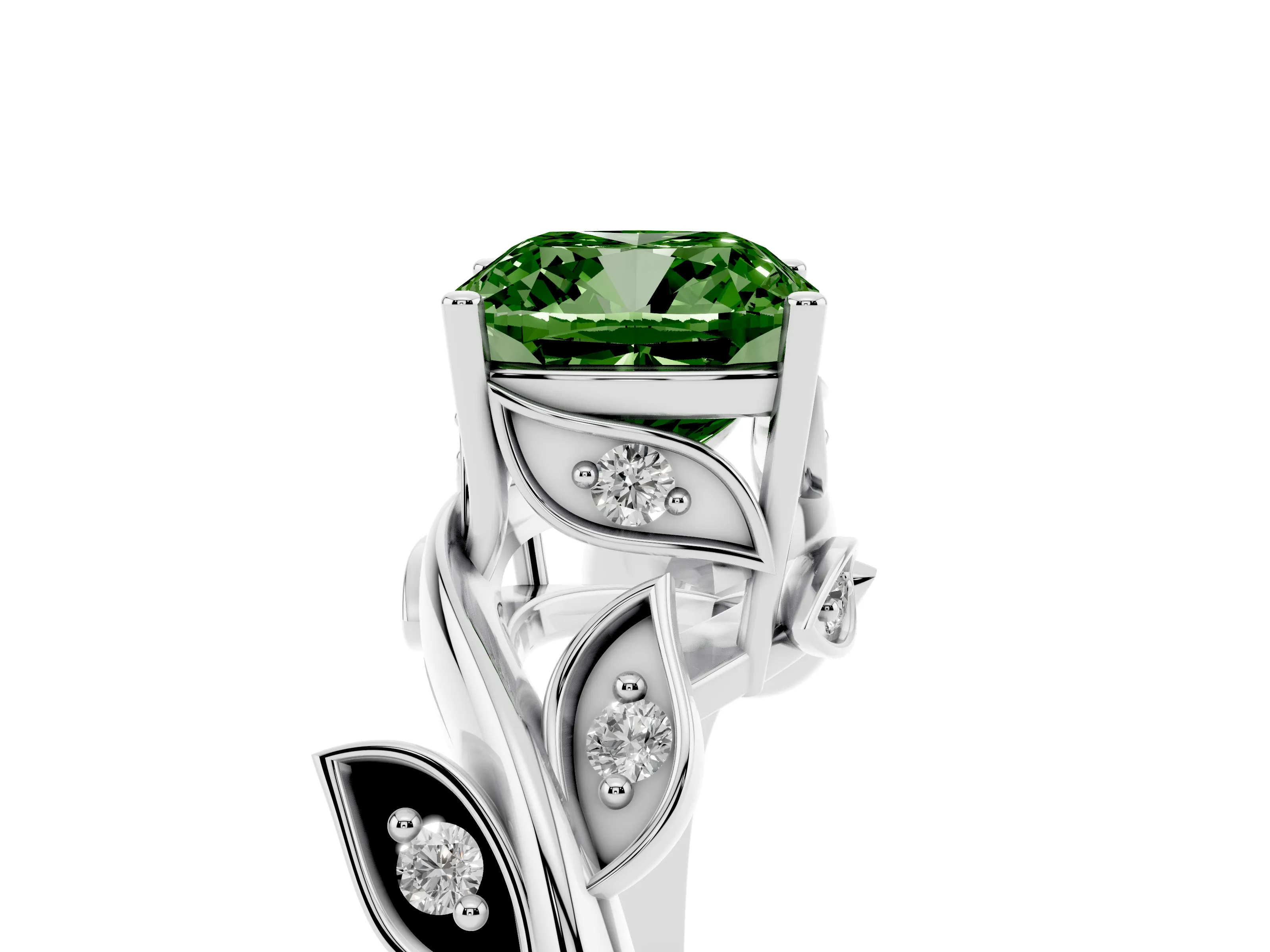 Fancy Green Cushion Cut Diamond Solitaire Twist Engagement Ring Set in Platinum with Pavé Leaf Accents