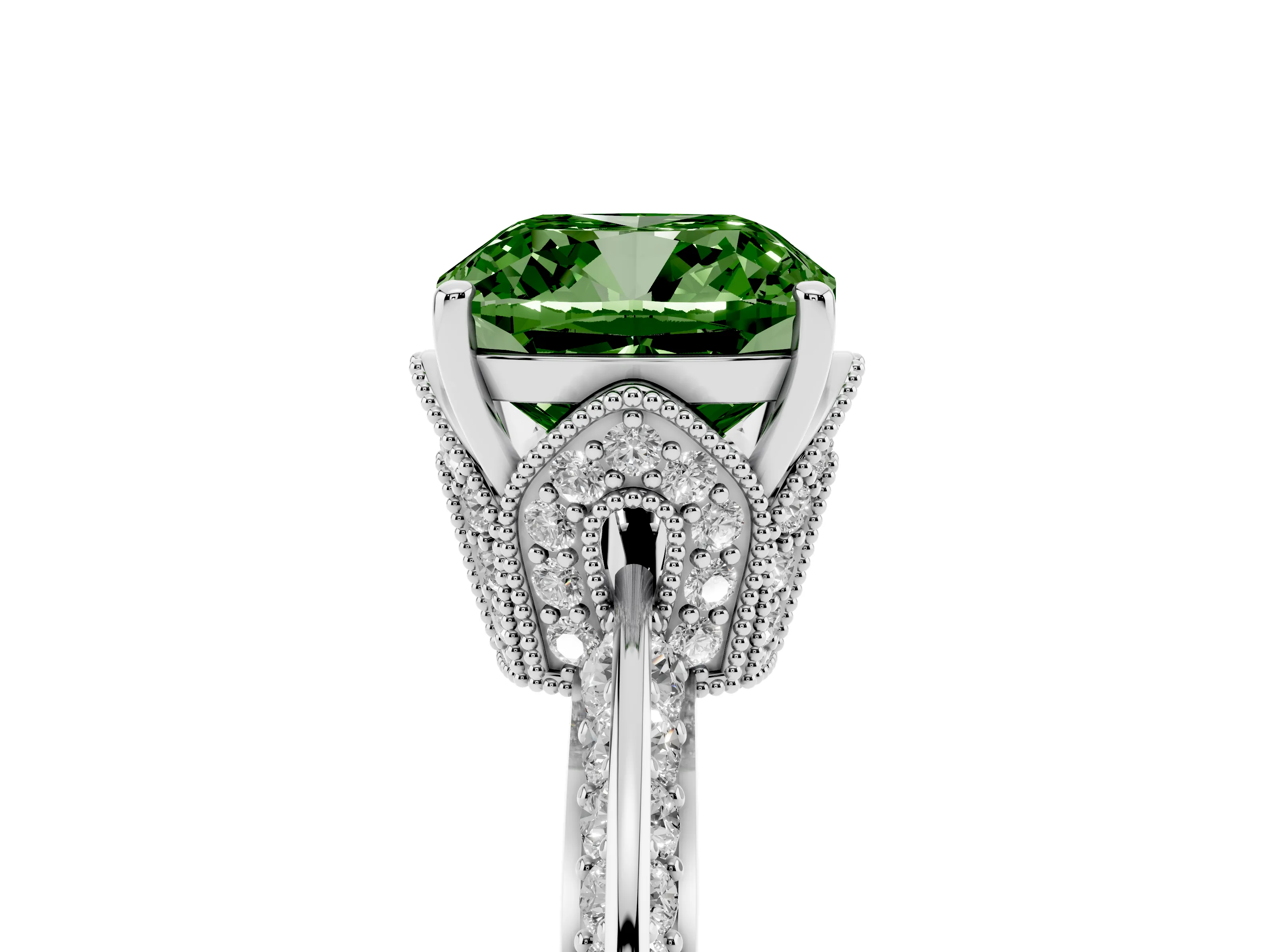 Fancy Green Cushion Cut Diamond Solitaire Engagement Ring Set in Silver with Pavé Split Shank and Prong Setting