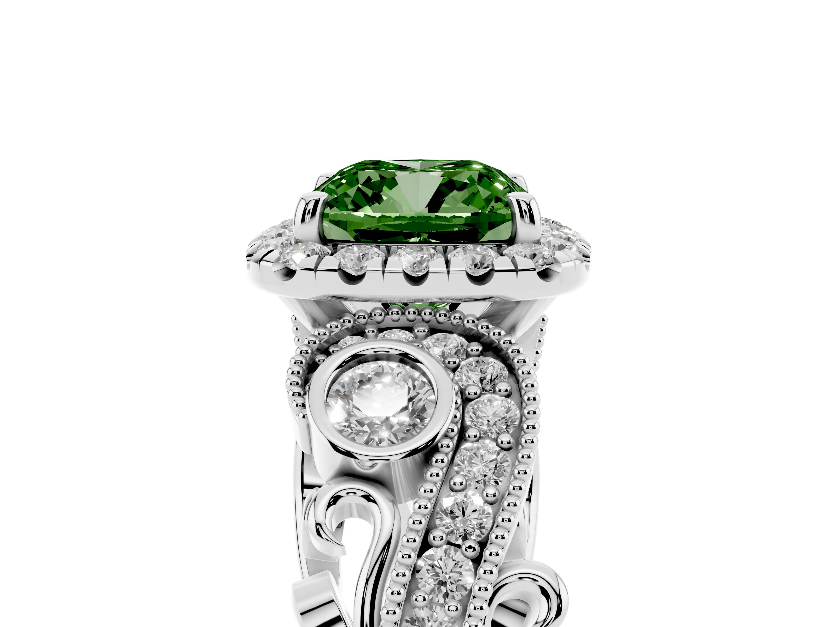 Fancy Green Cushion Cut Diamond Halo Ring Set in White gold with Milgrain Pavé Band and Prong Setting