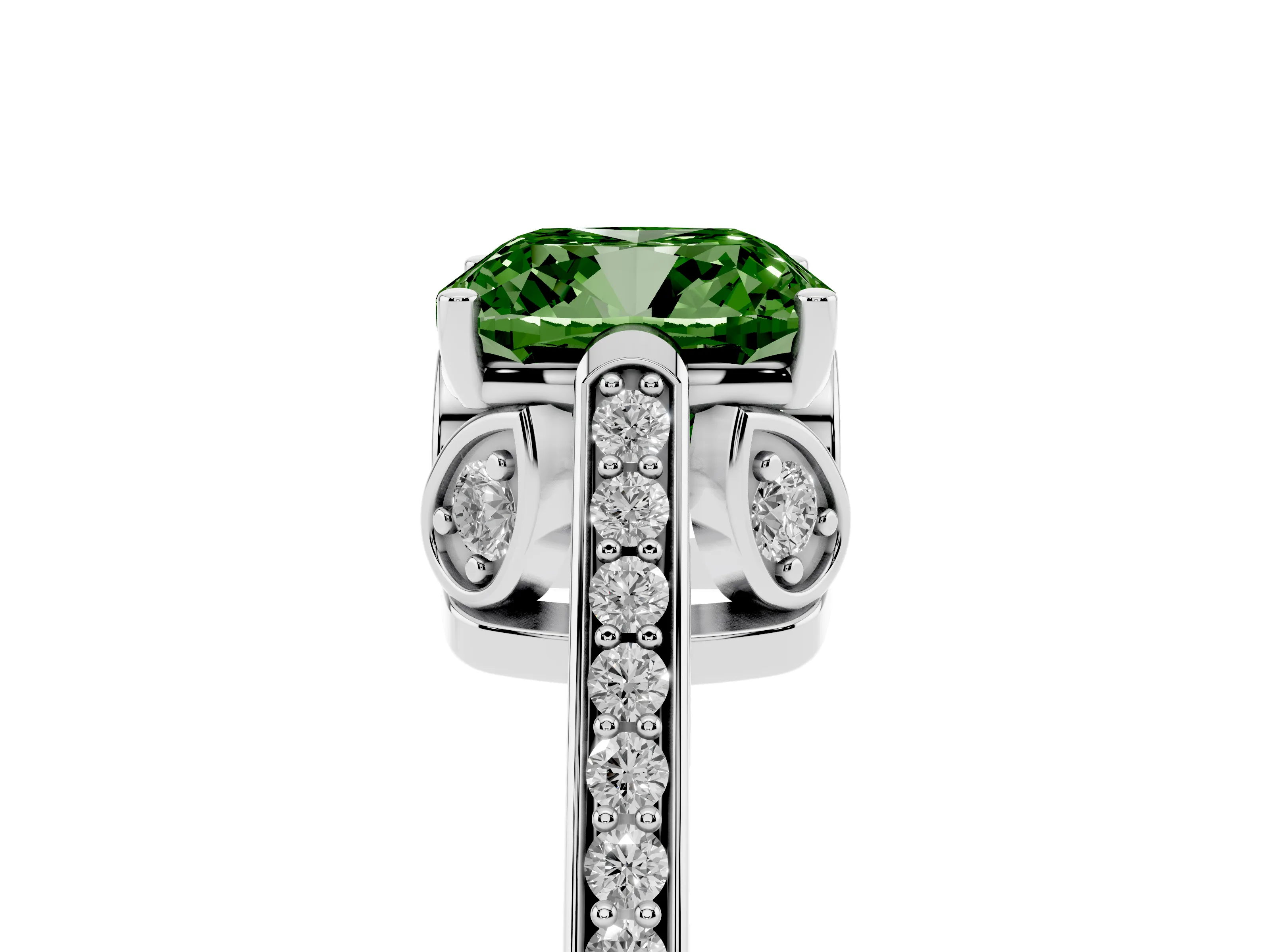 Fancy Green Cushion Cut Diamond Cathedral Pavé Engagement Ring Set in White gold with Prong Setting