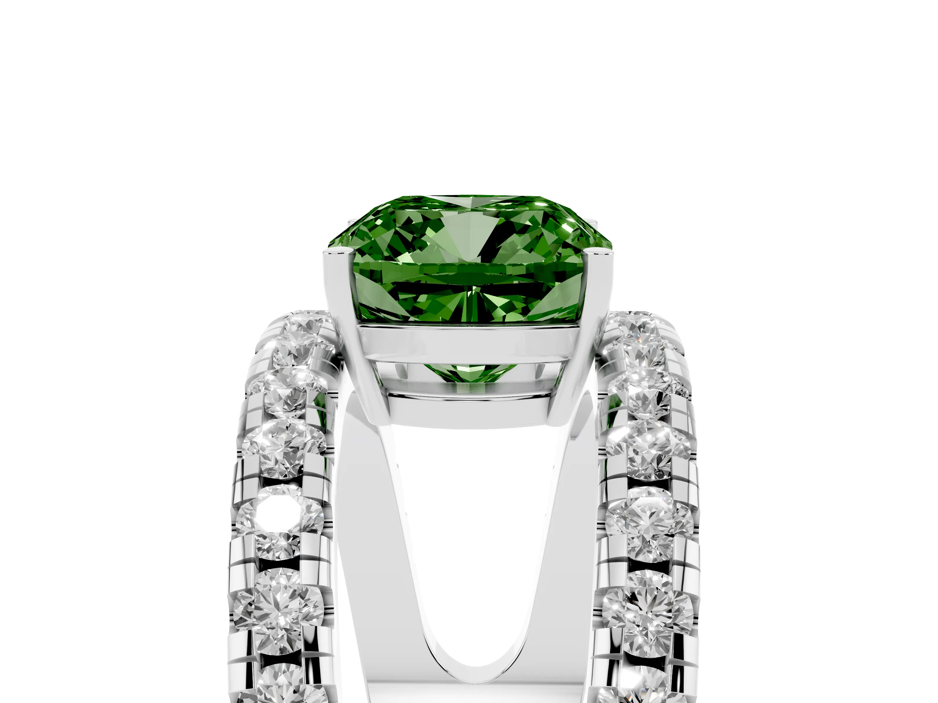 Fancy Green Cushion Cut Diamond Split Shank Pavé Solitaire Ring Set in Platinum with Open Shank Design