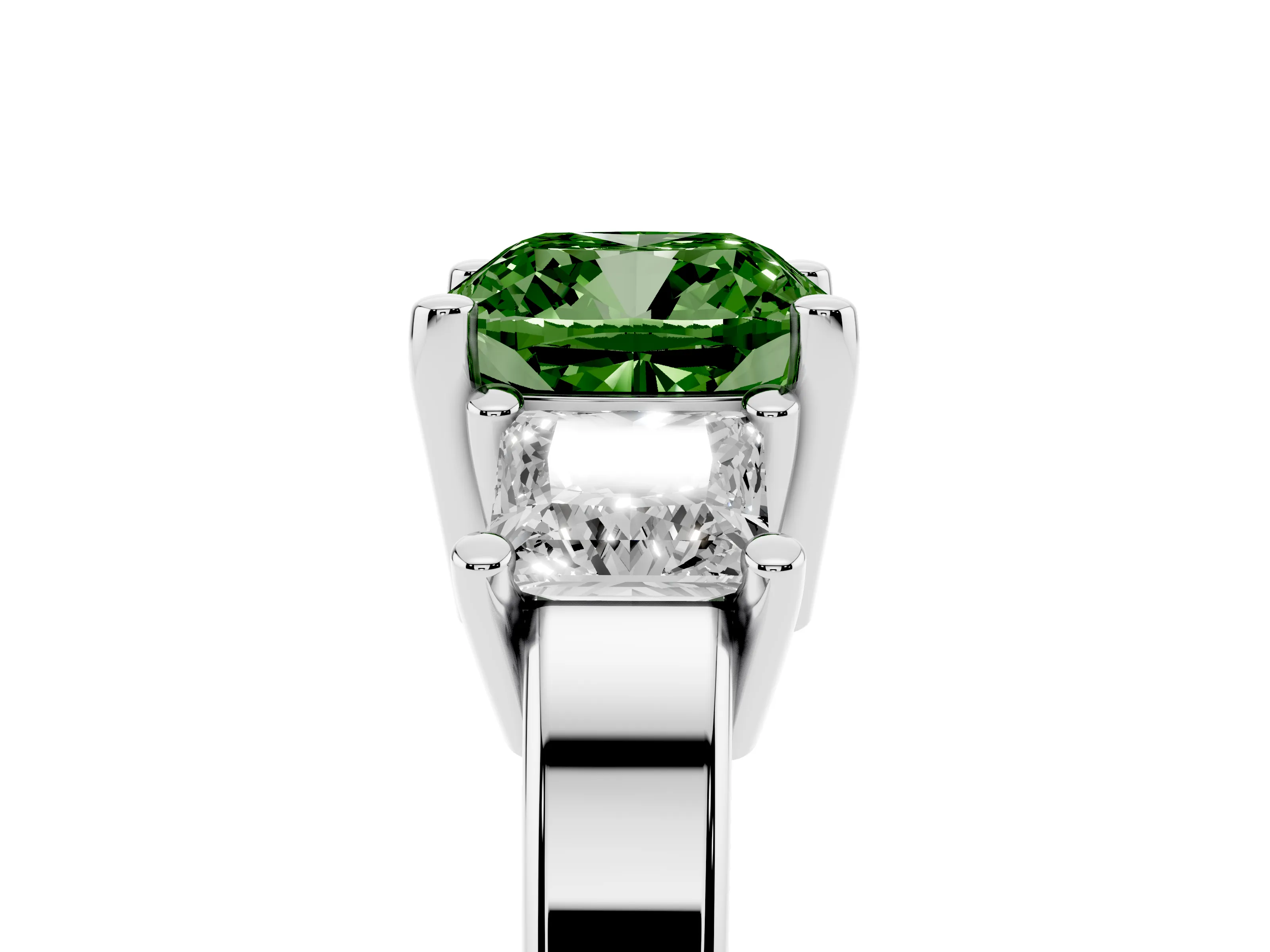 Fancy Green Three-Stone Cushion Cut Diamond Solitaire Ring Set in Silver with Prong Setting