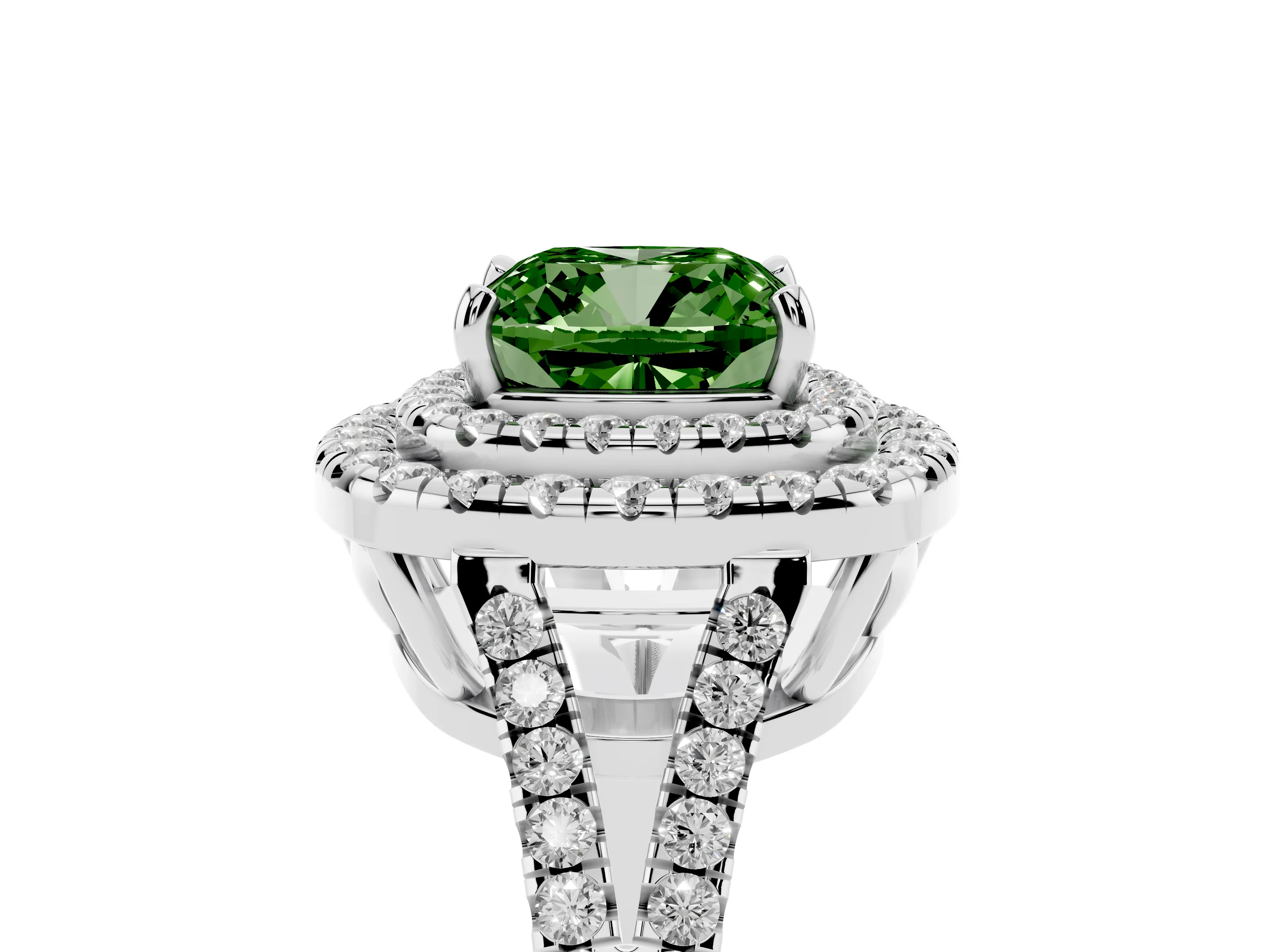 Fancy Green Cushion Cut Diamond Double Halo Ring Set in Platinum with Pavé Band
