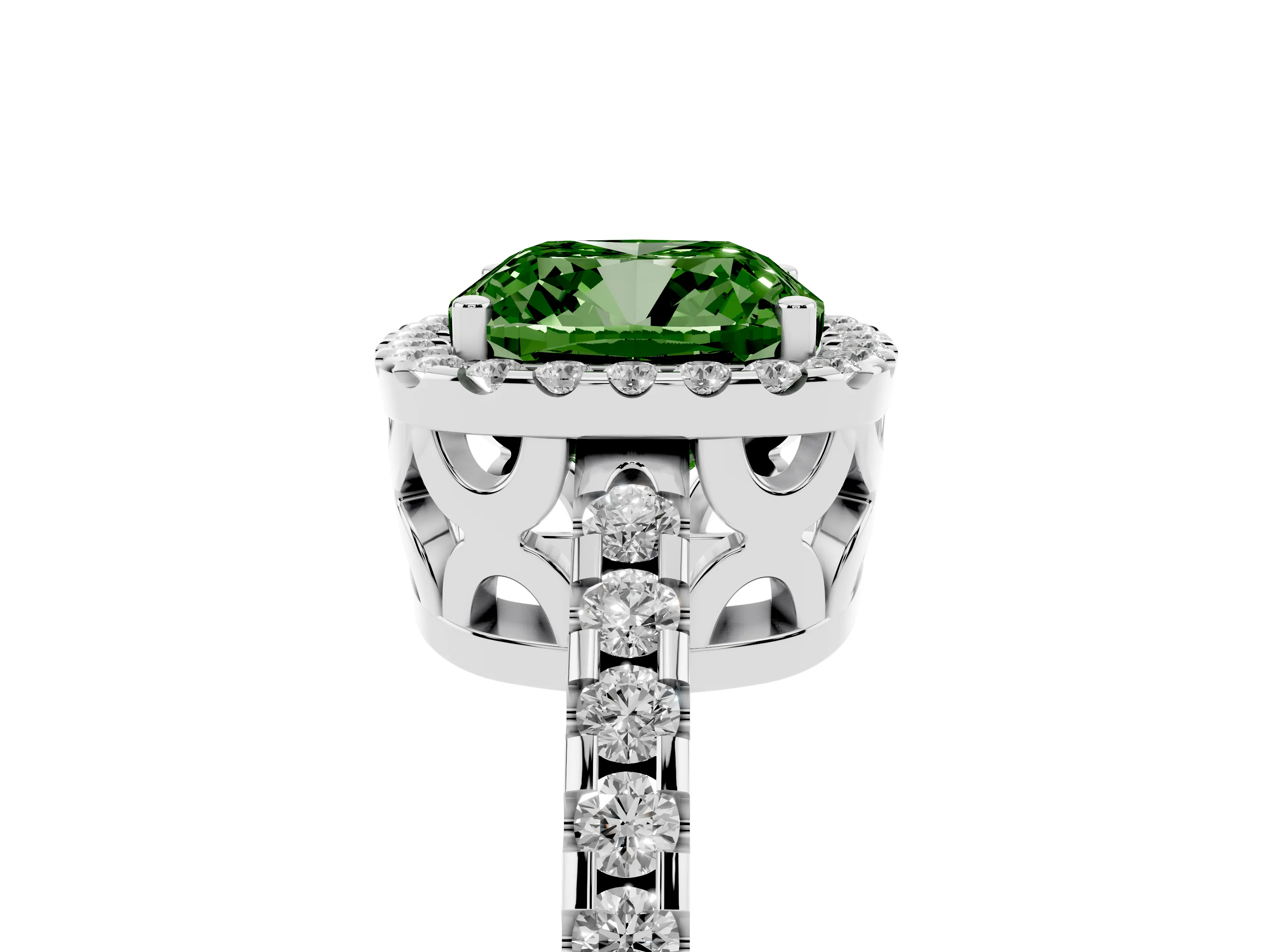 Fancy Green Cushion Cut Diamond Halo Ring Set in Silver with Pavé Shoulders and Halo-Framed Center
