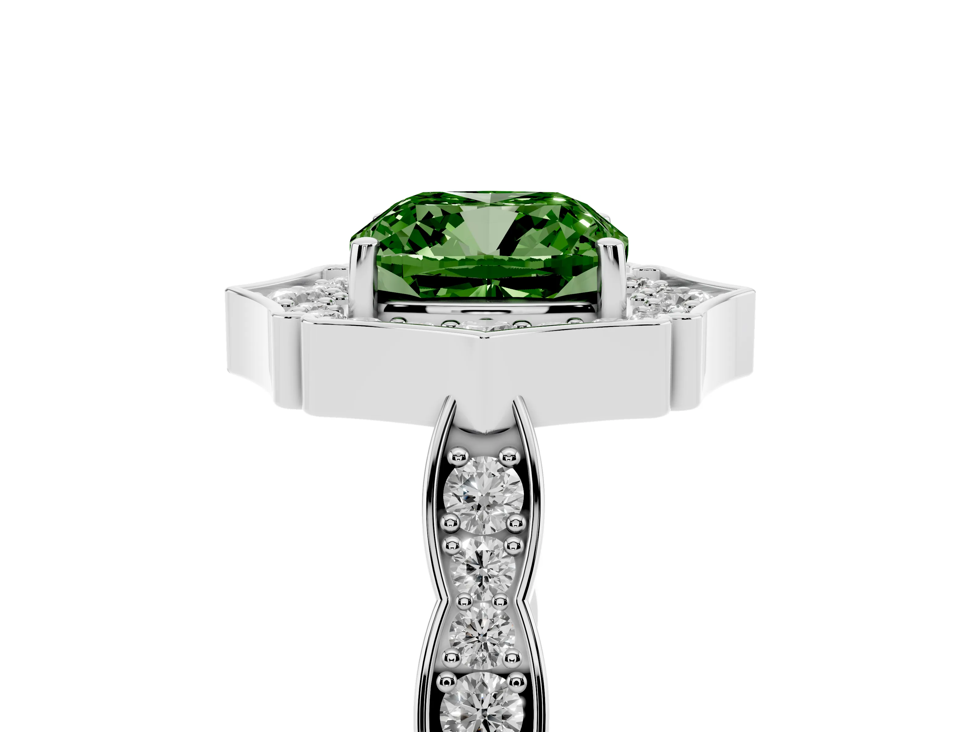 Fancy Green Cushion Cut Diamond Halo Engagement Ring Set in Platinum with Milgrain Band and Prong Setting