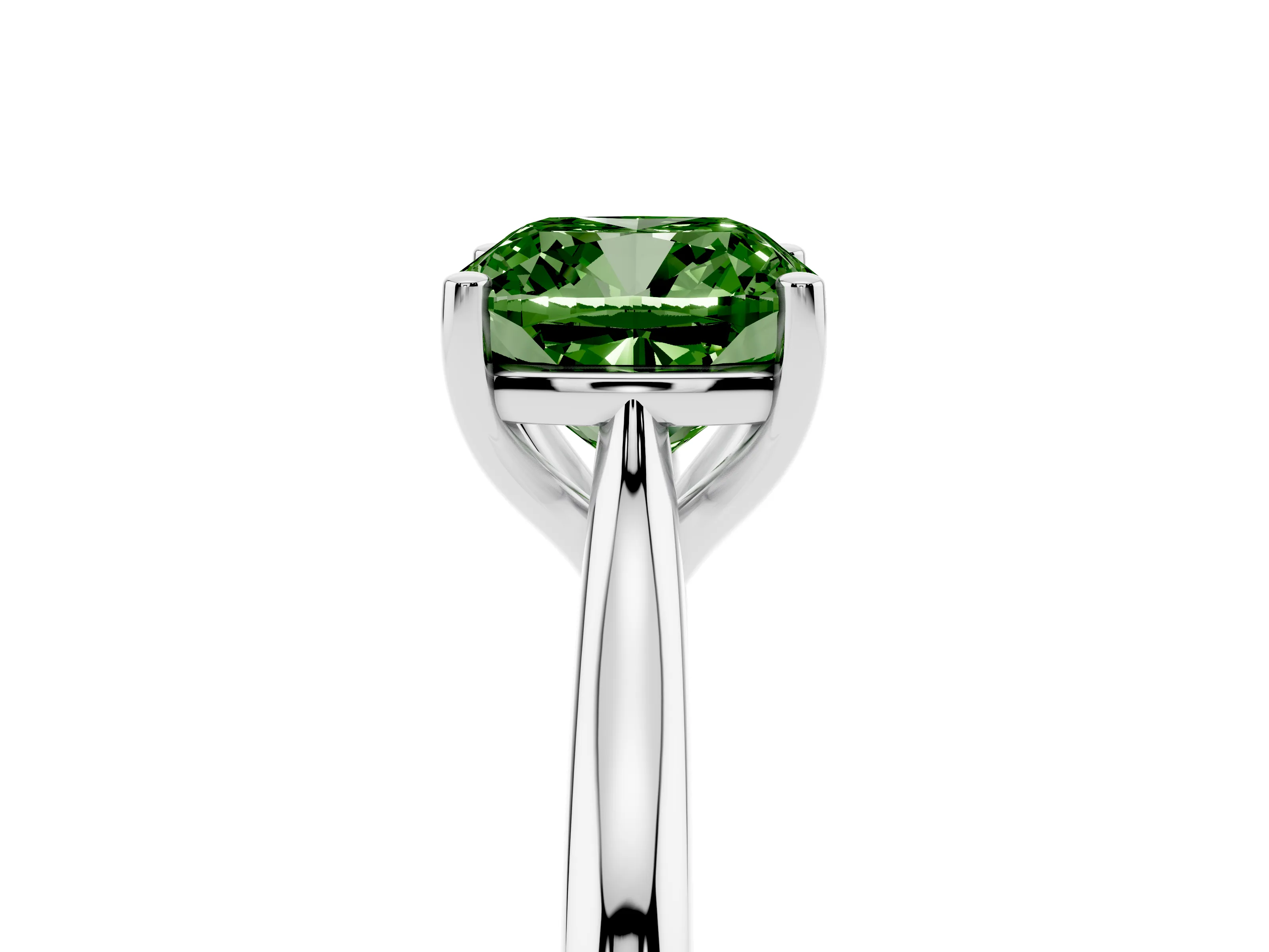 Fancy Green Cushion Cut Diamond Solitaire Ring Set in White gold with Cathedral Band and Prong Setting