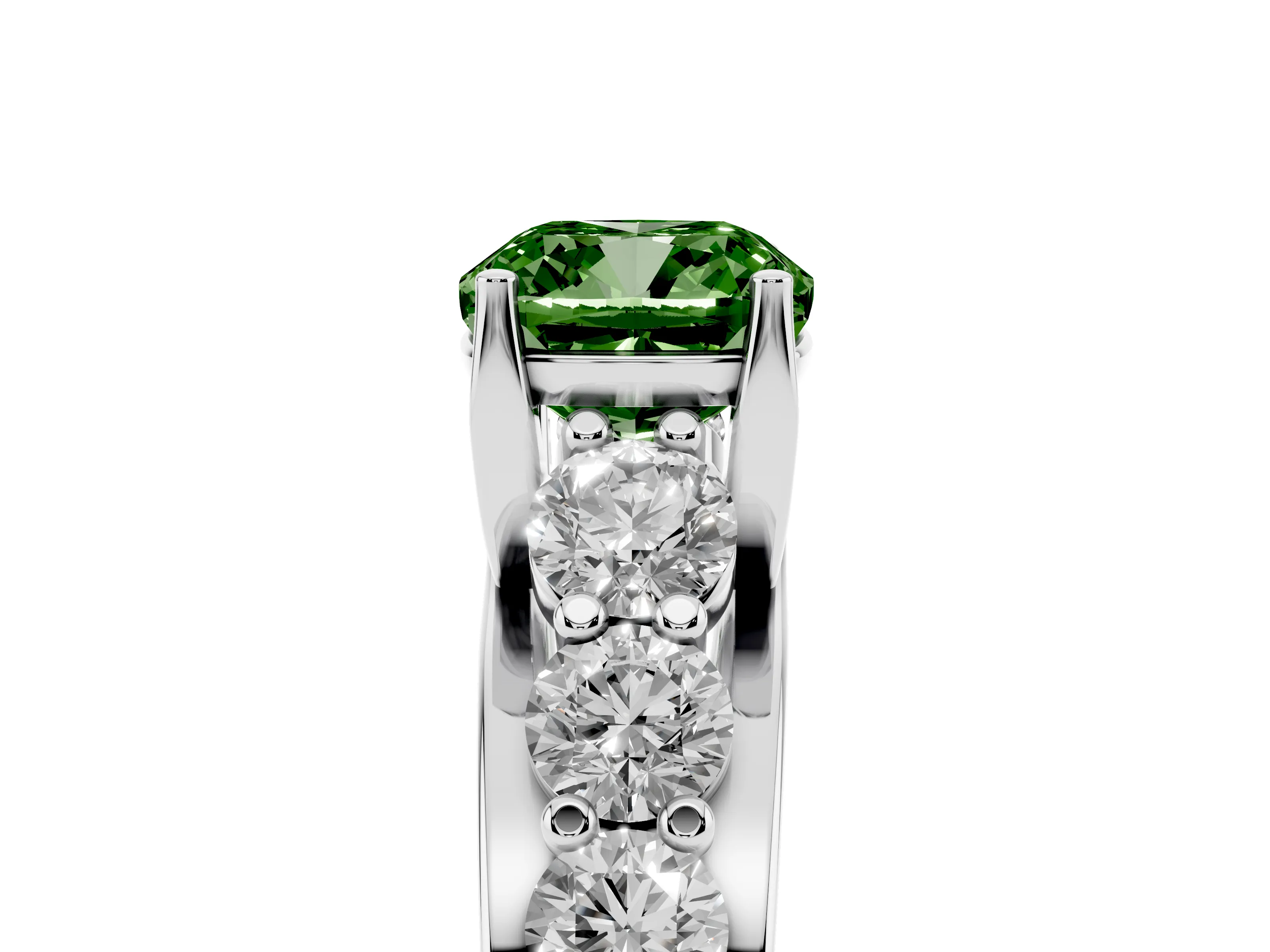 Fancy Green Cushion Cut Diamond Pavé Engagement Ring Set in Platinum with Prong Setting
