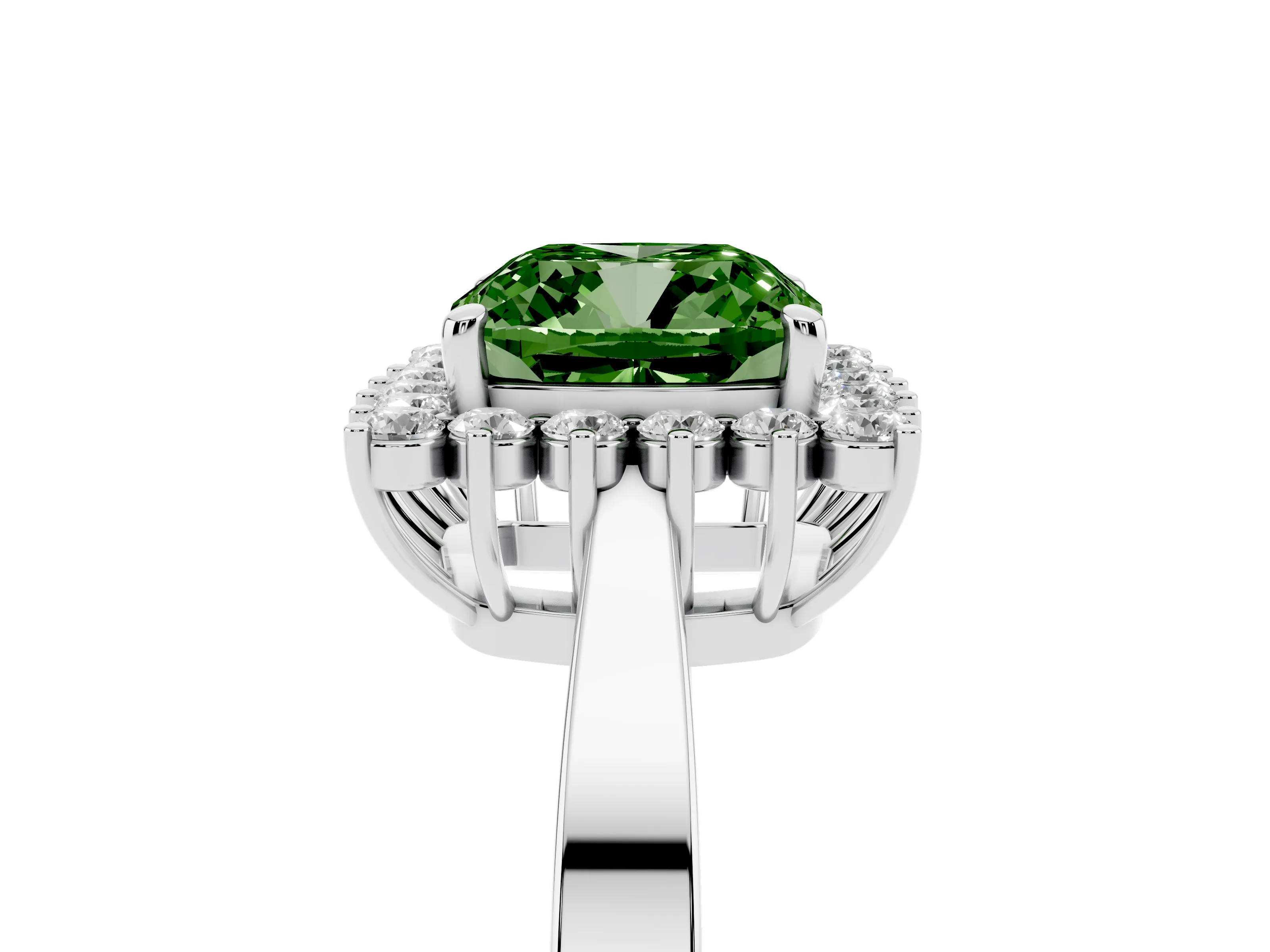 Fancy Green Cushion Cut Diamond Halo Ring Set in White gold with Round Halo and Smooth Solitaire Band