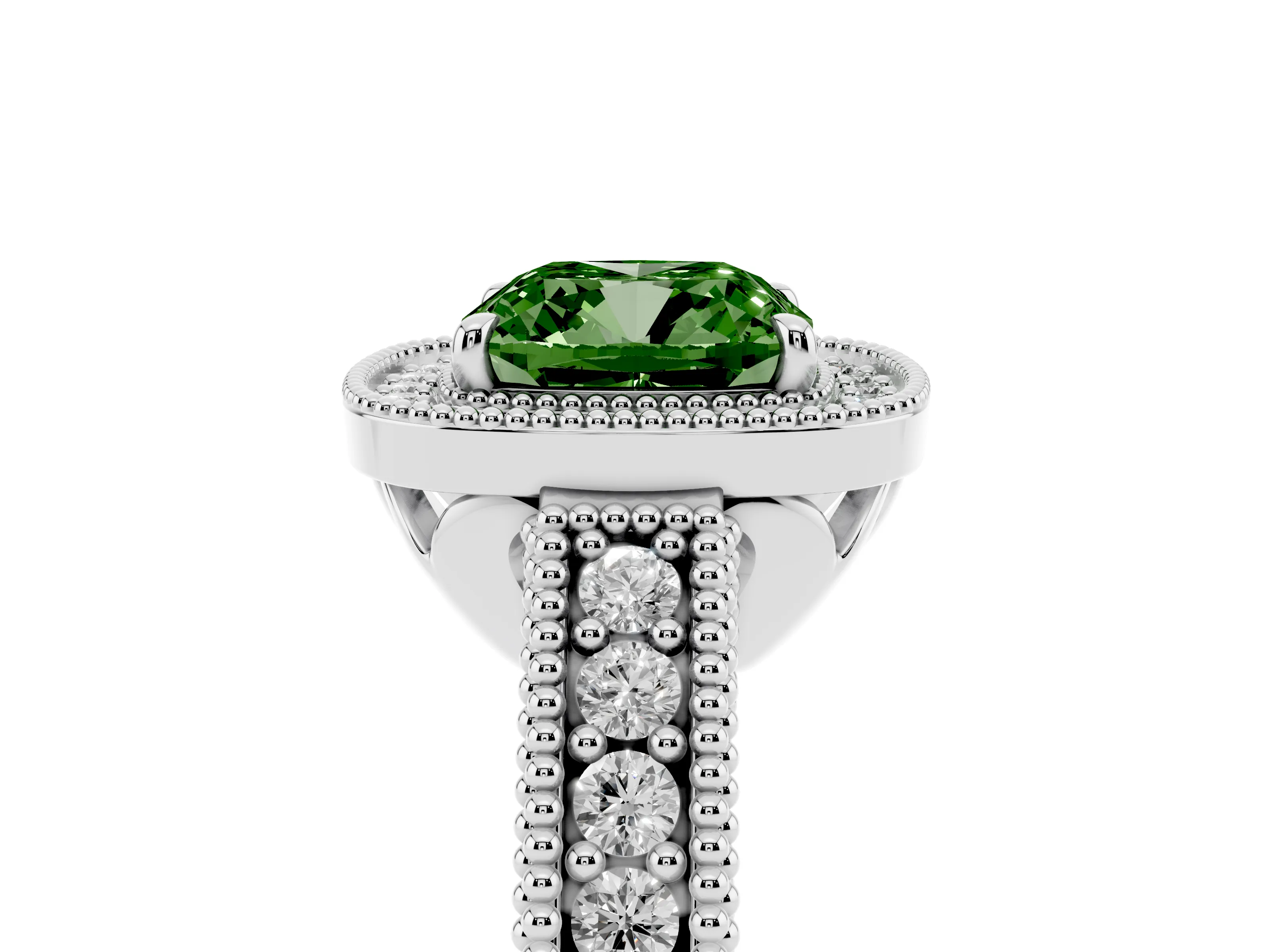 Fancy Green Cushion Cut Diamond Halo Ring Set in White gold with Round Accent Halo, Pavé Band and Prong Setting