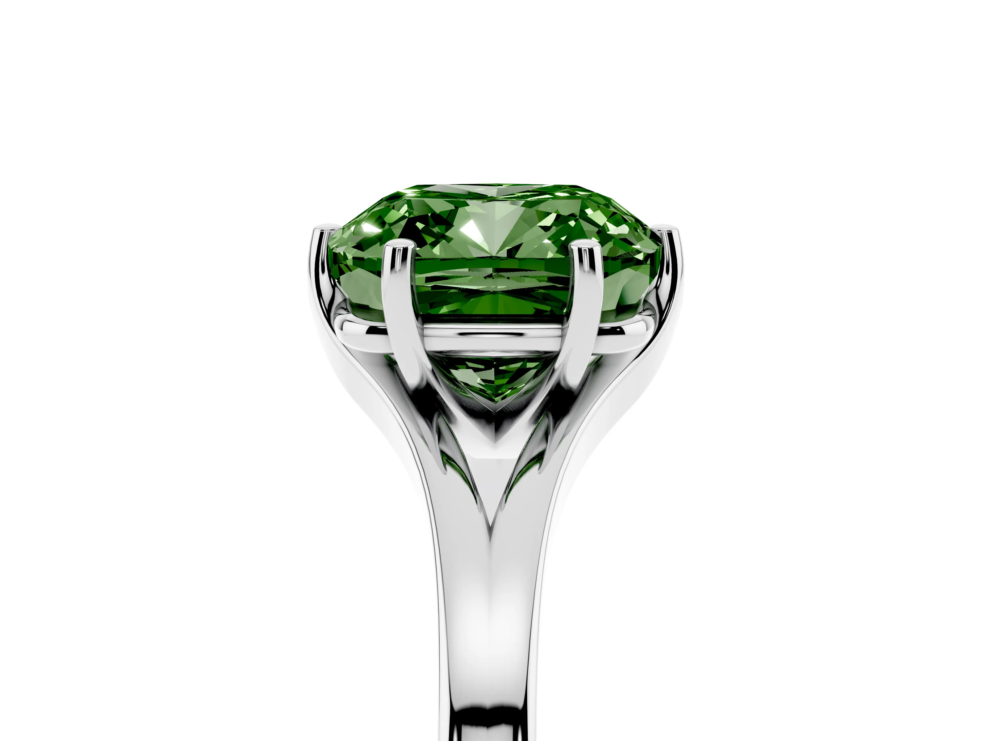 Fancy Green Cushion Cut Diamond Solitaire Ring Set in White gold with Polished Tapered Band and Prong Setting